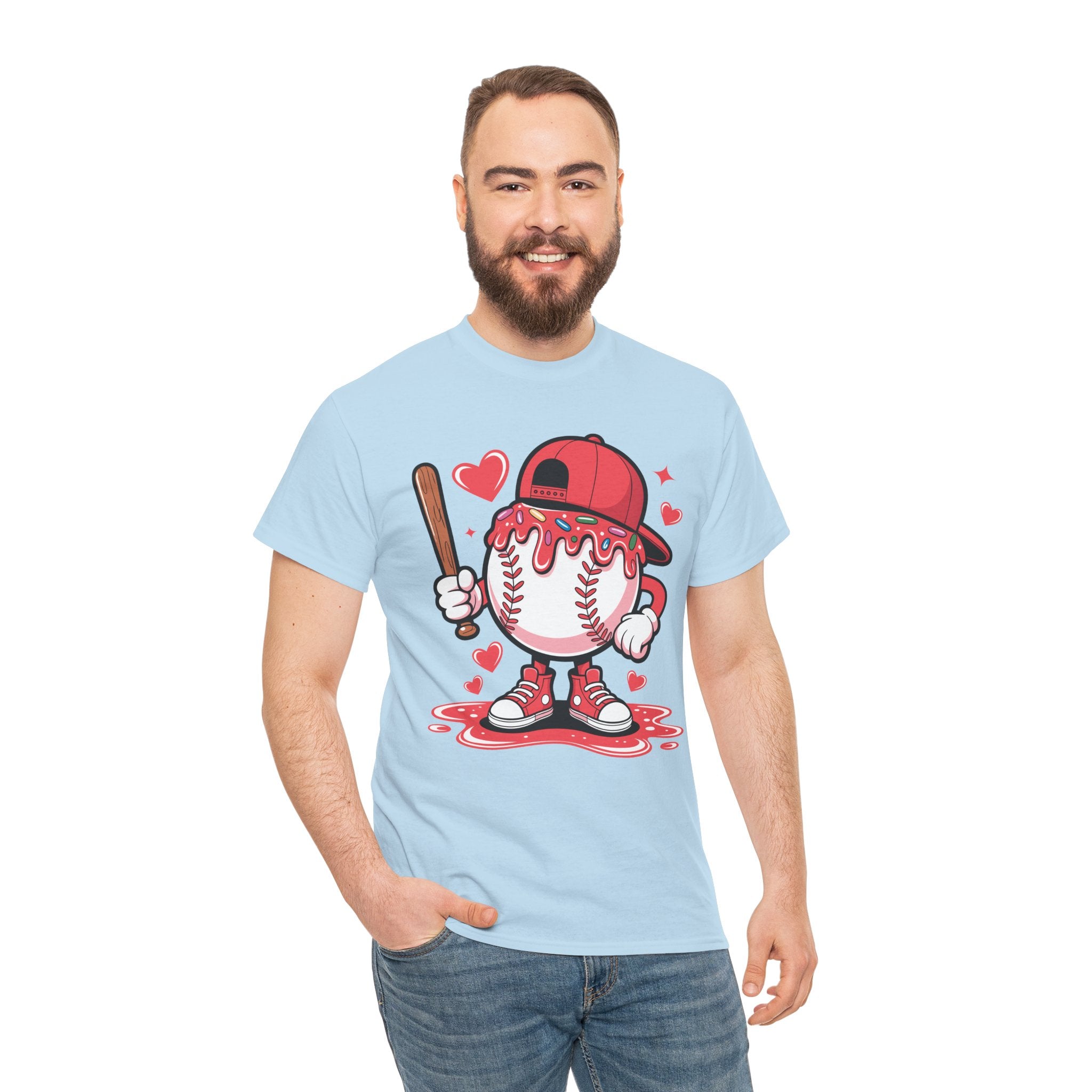 Cute Baseball Character T-Shirt — Red Cap & Icing Top Graphic with Hearts Unisex Cotton Tee