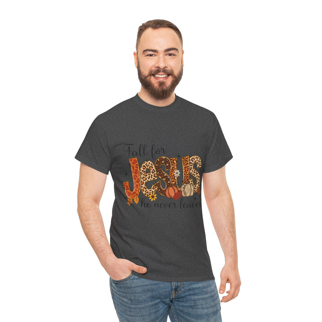 JESUS Leopard Print Fall T-Shirt — Pumpkins, Leaves & Floral Christian Unisex Cotton Tee