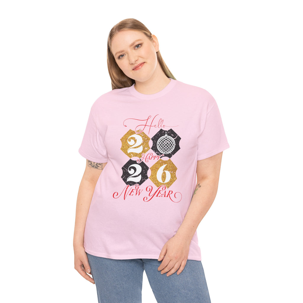 2026 Happy New Year Pink Varsity Tee — Fireworks Party Graphic.Unisex Cotton Tee