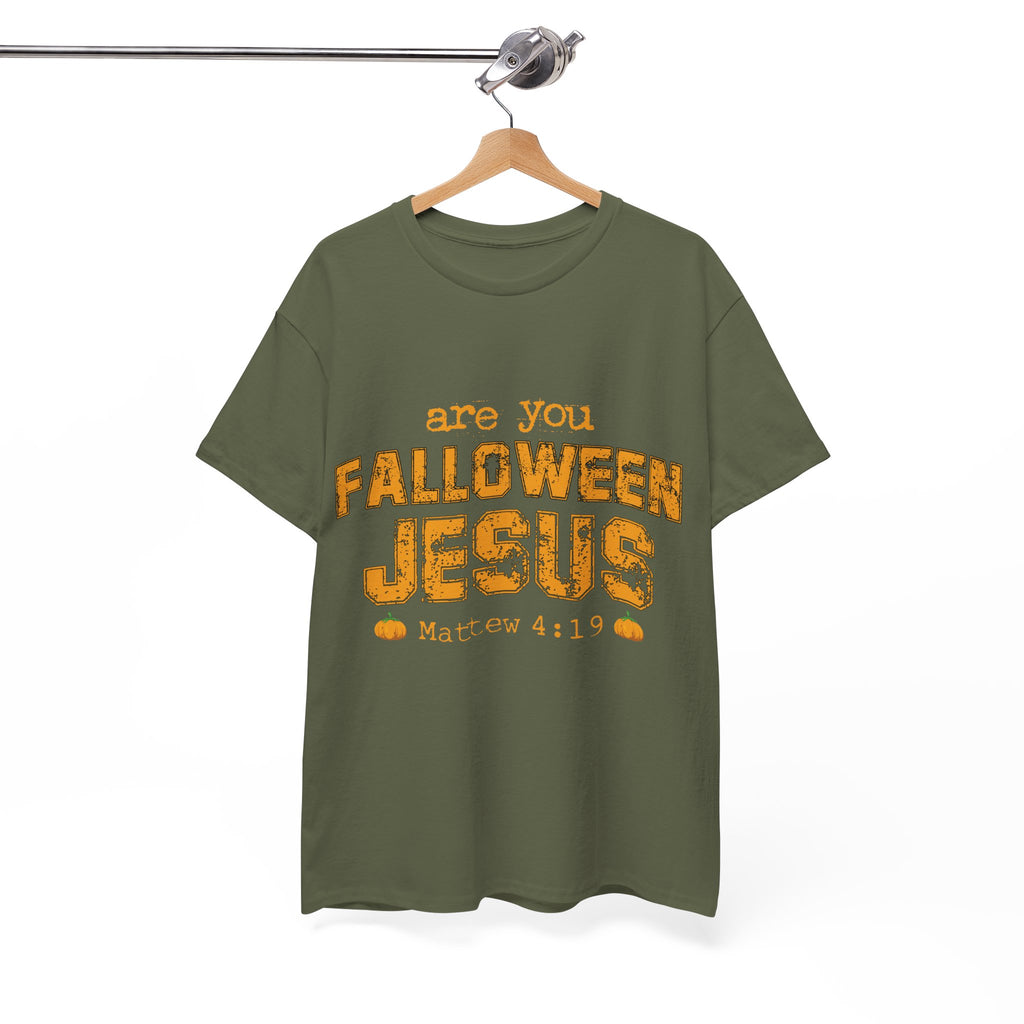 Christian Halloween T-Shirt — “Are You Falloween Jesus? Matthew 4:19” Distressed Pumpkin Design. Unisex Cotton Tee
