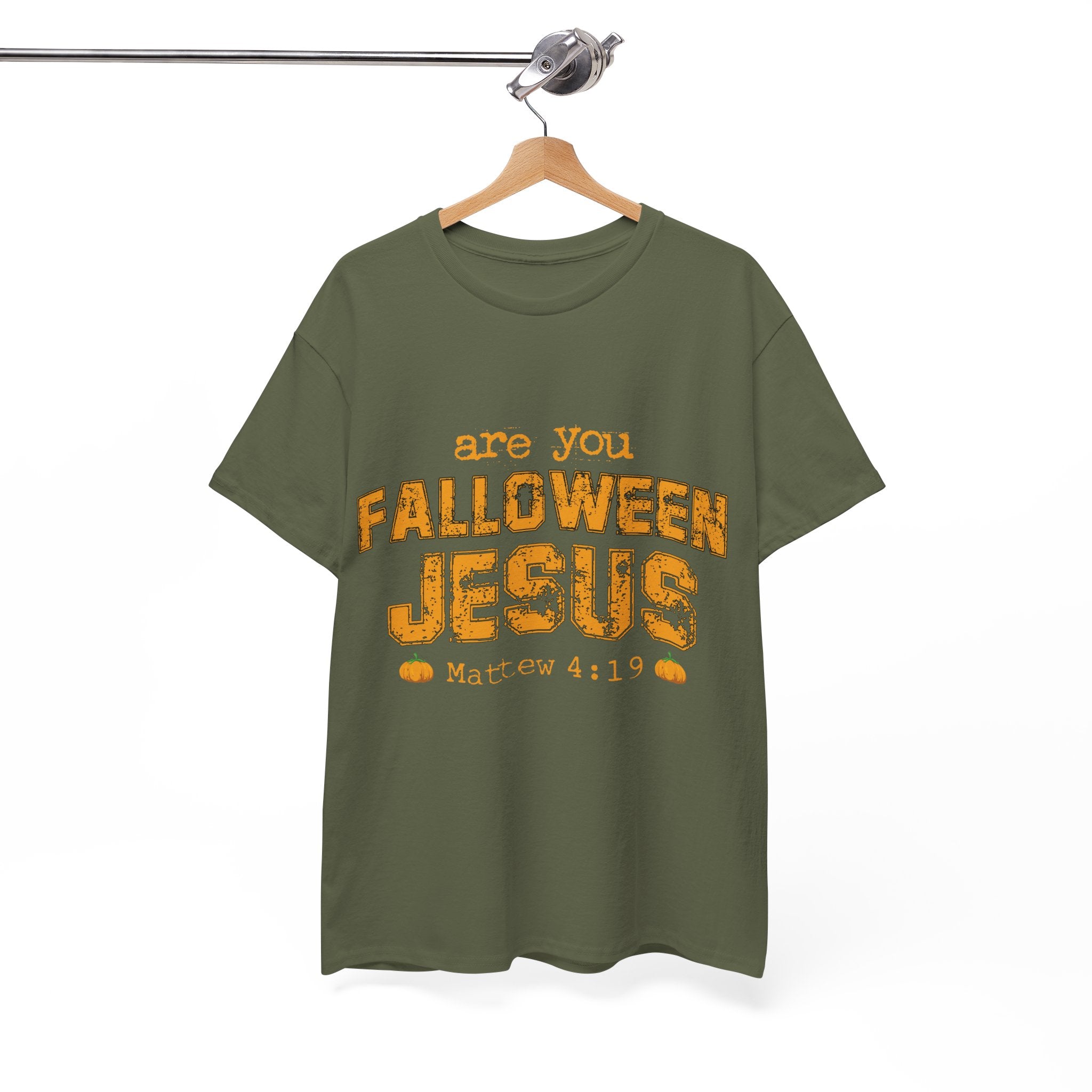Christian Halloween T-Shirt — “Are You Falloween Jesus? Matthew 4:19” Distressed Pumpkin Design. Unisex Cotton Tee