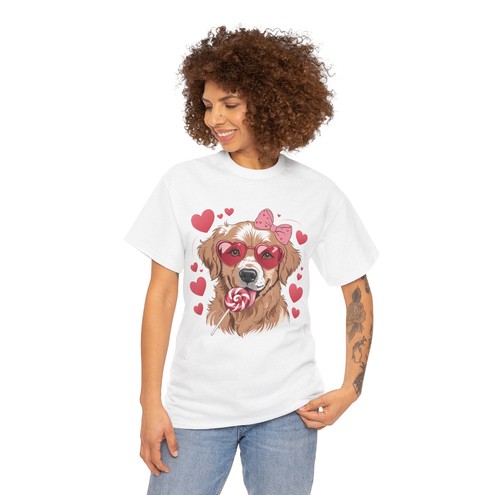 Valentine Dog T-Shirt — Cute Pup with Heart Glasses, Pink Bow & Lollipop..Unisex Cotton Tee