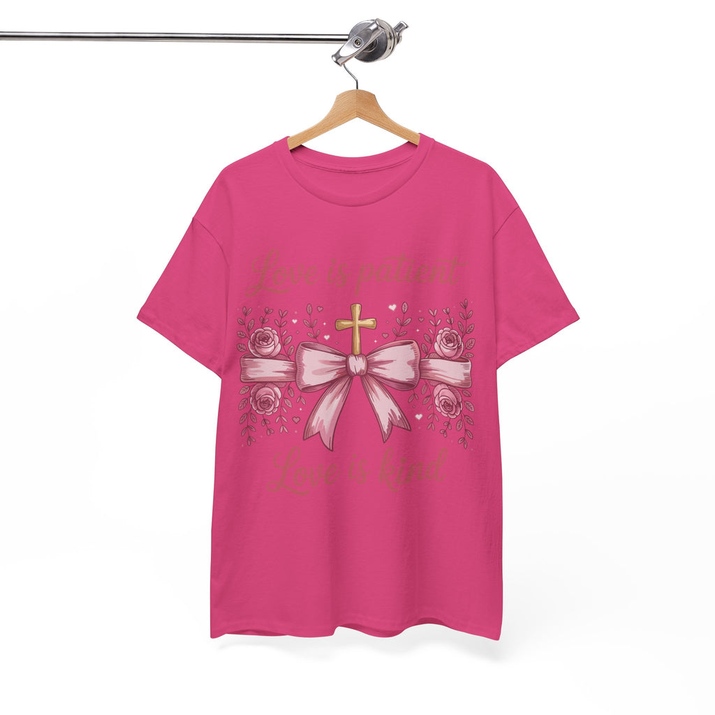 Christian Floral Tee — "Love is Patient, Love is Kind" Pink Rose Cross. Unisex Cotton Tee