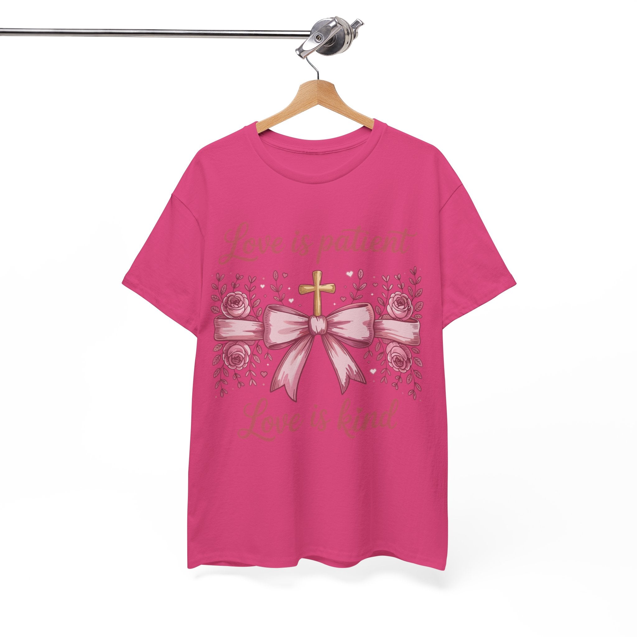 Christian Floral Tee — "Love is Patient, Love is Kind" Pink Rose Cross. Unisex Cotton Tee