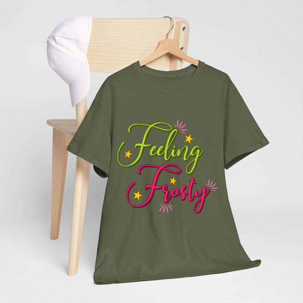 Feeling Frosty Holiday T-Shirt — Green & Pink Script Stars.Unisex Cotton Tee