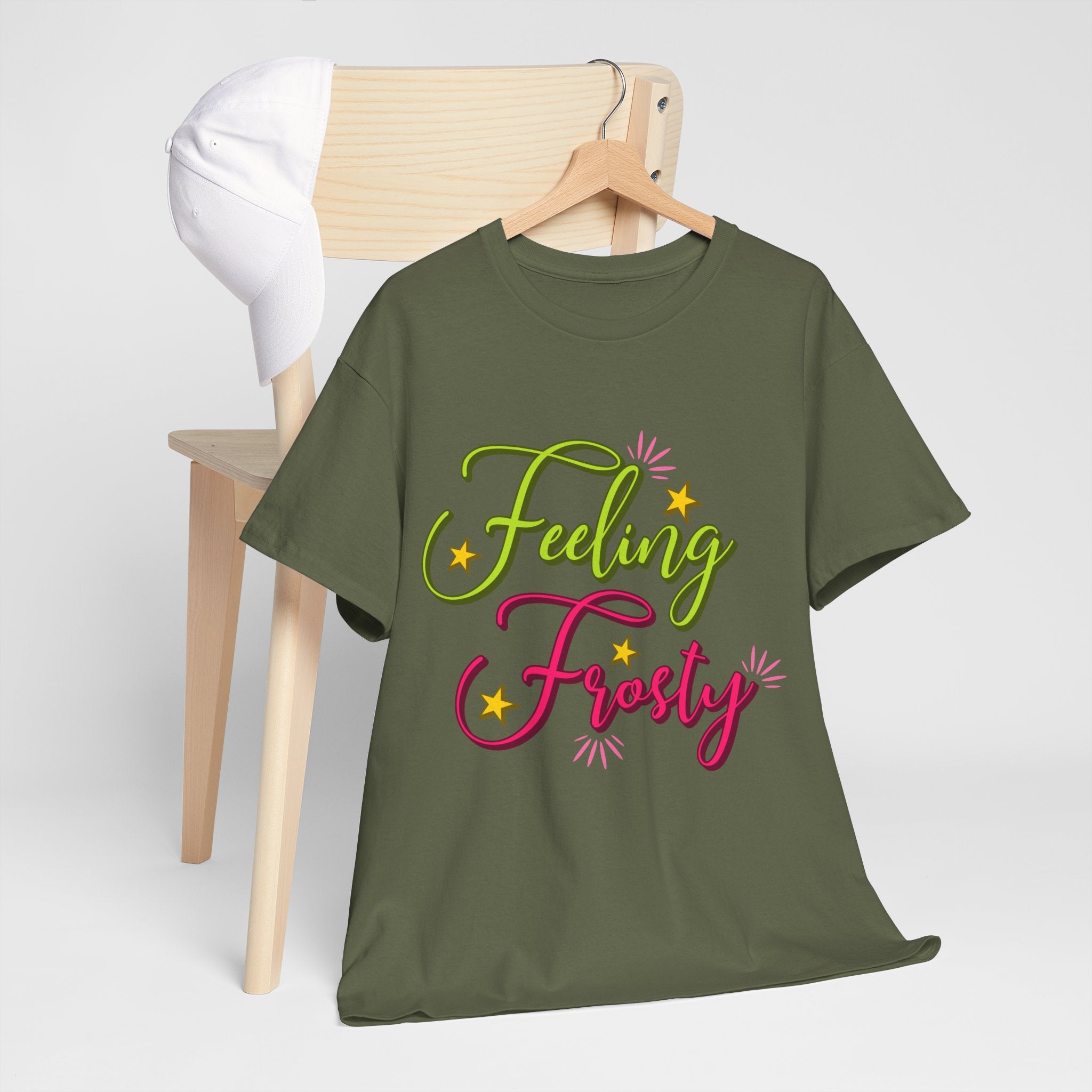 Feeling Frosty Holiday T-Shirt — Green & Pink Script Stars.Unisex Cotton Tee