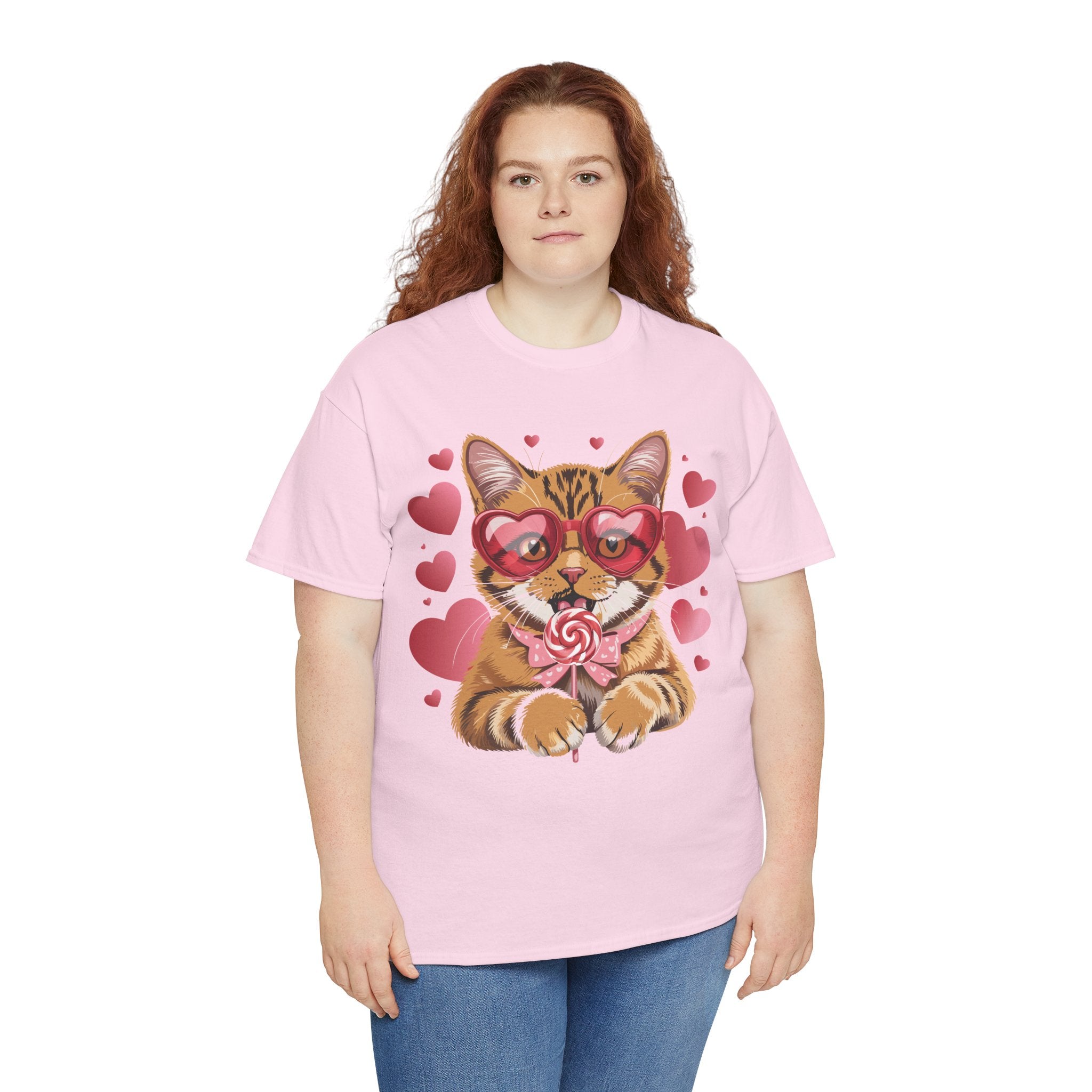 Valentine Cat Tee — Heart Glasses, Lollipop Bow Unisex Cotton Tee