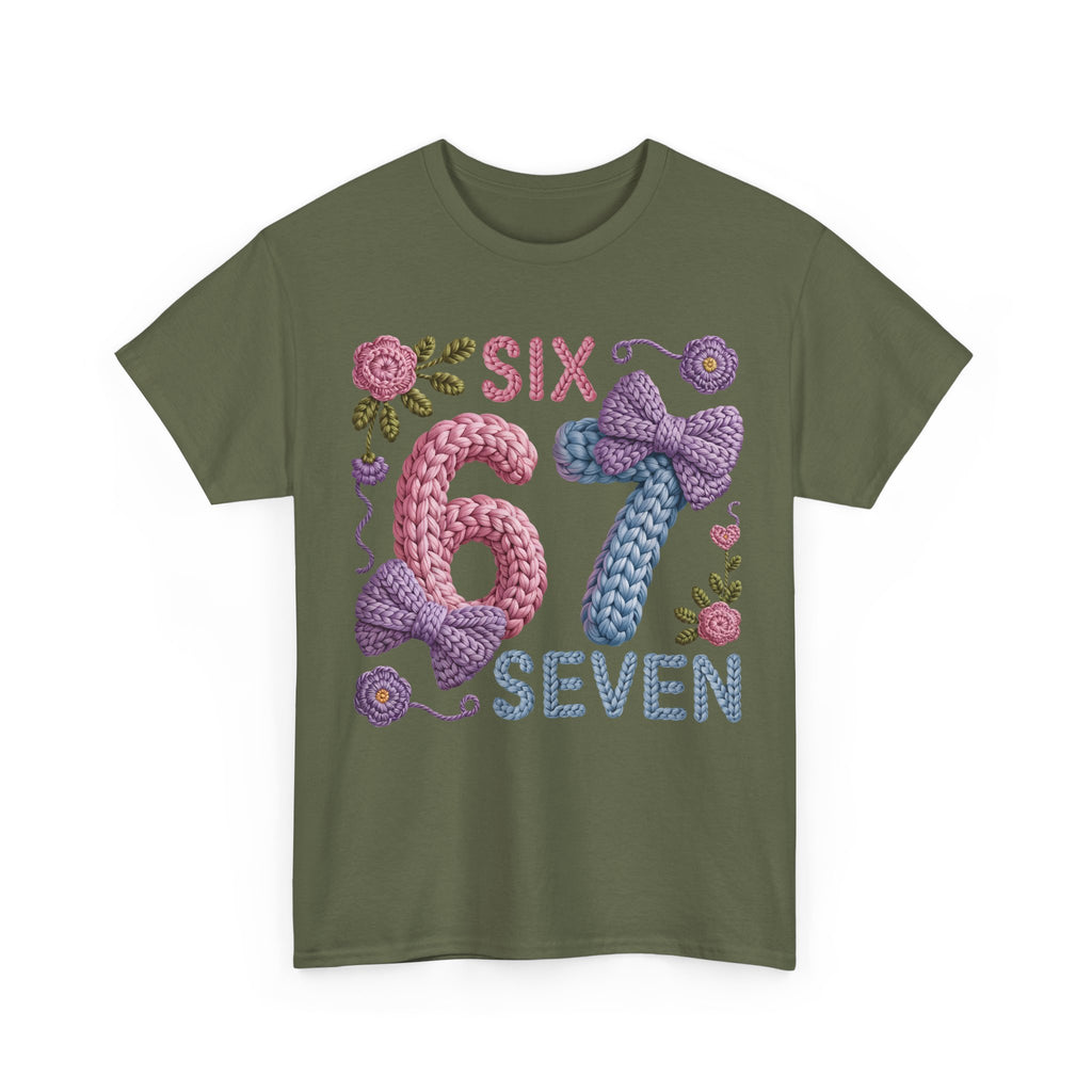 Pastel Crochet Numbers 6 & 7 Tee — Faux-Yarn Bows & Flowers. Unisex Cotton Tee