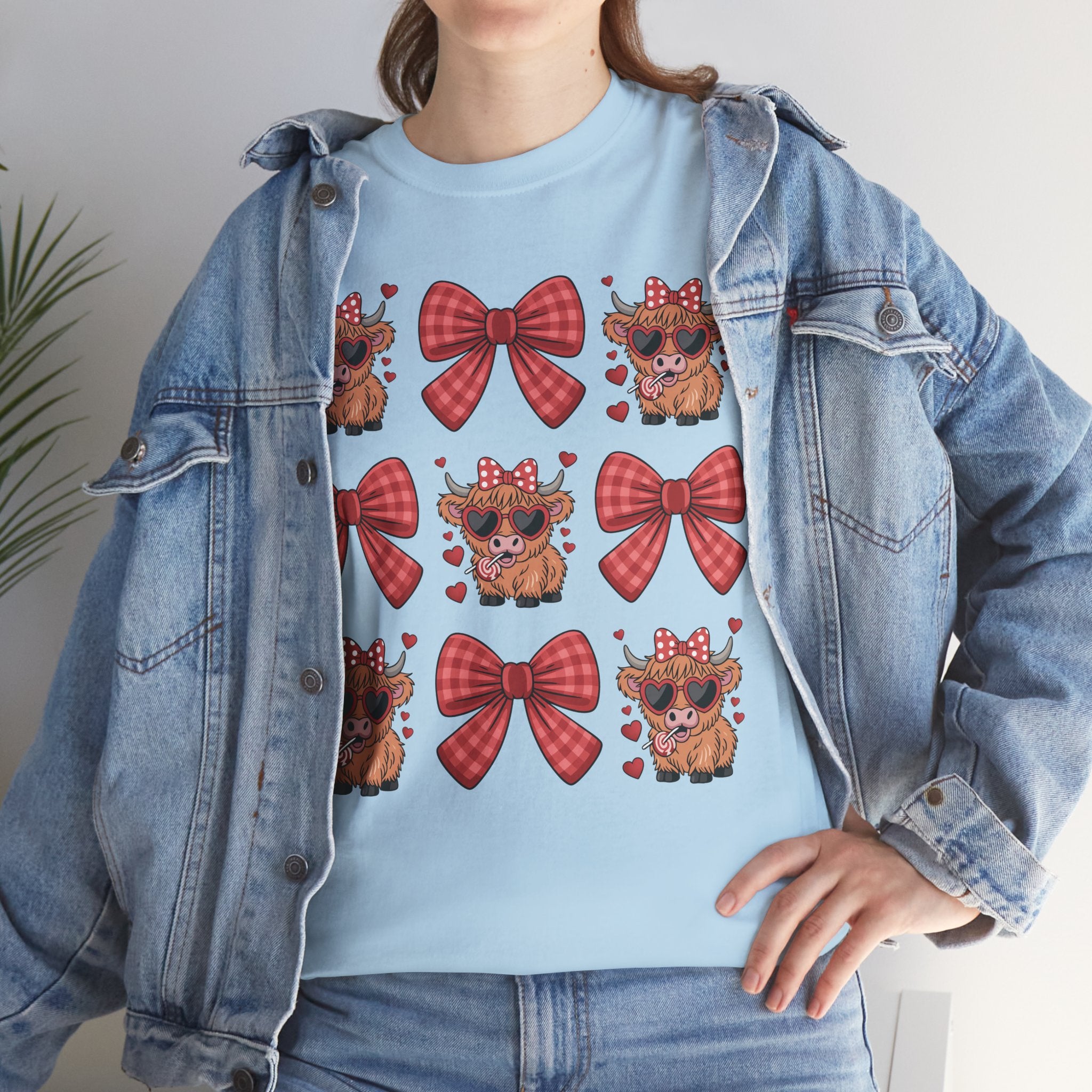 Valentine Cow Checkered Tee — Fluffy Cows with Heart Sunglasses & Red Bows..Unisex Cotton Tee