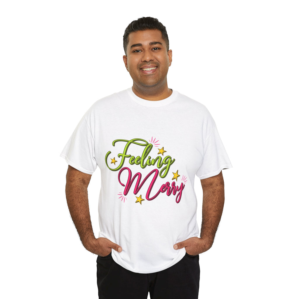 Feeling Merry T-Shirt — Bright Green & Pink Holiday Tee with Stars.Unisex Cotton Tee