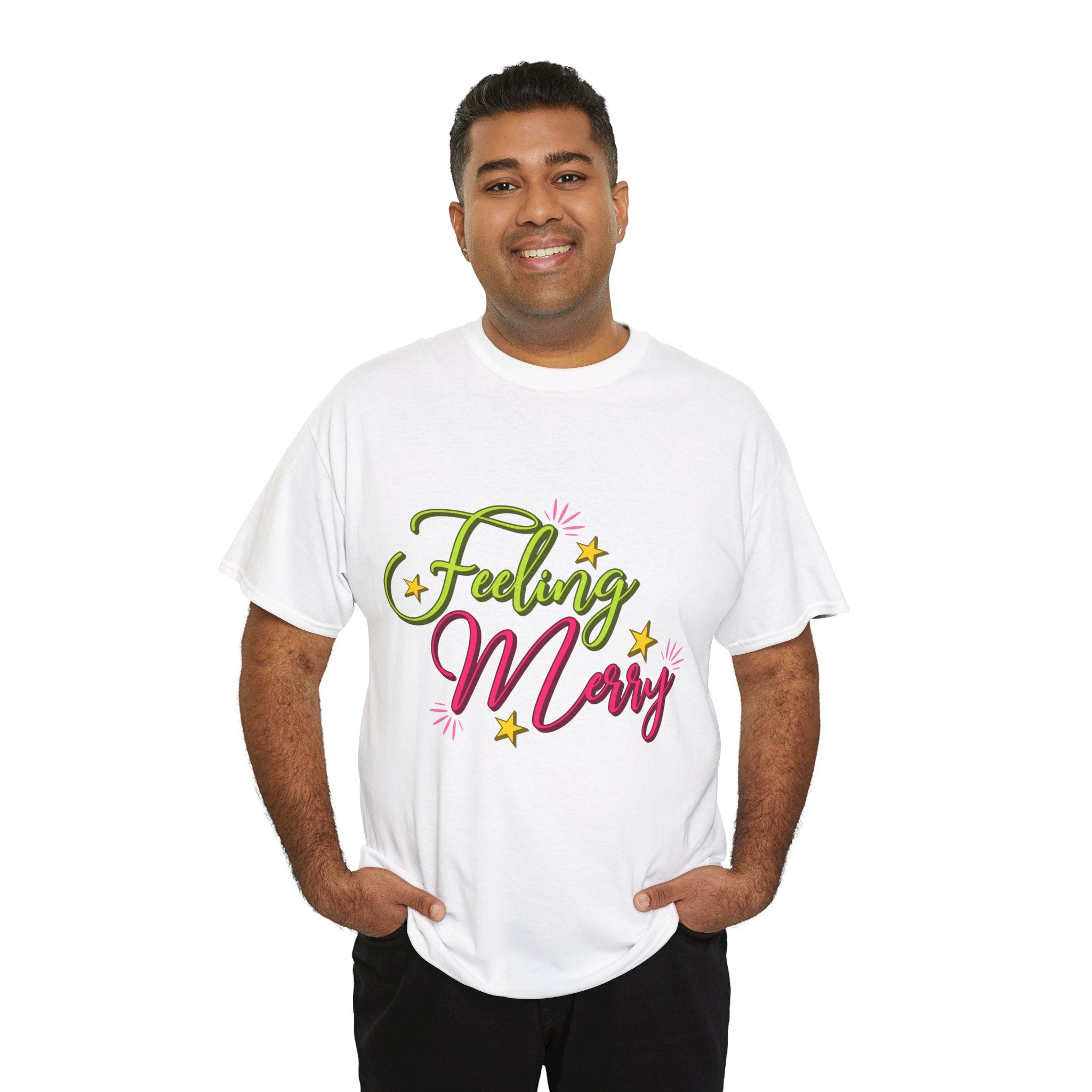 Feeling Merry T-Shirt — Bright Green & Pink Holiday Tee with Stars.Unisex Cotton Tee