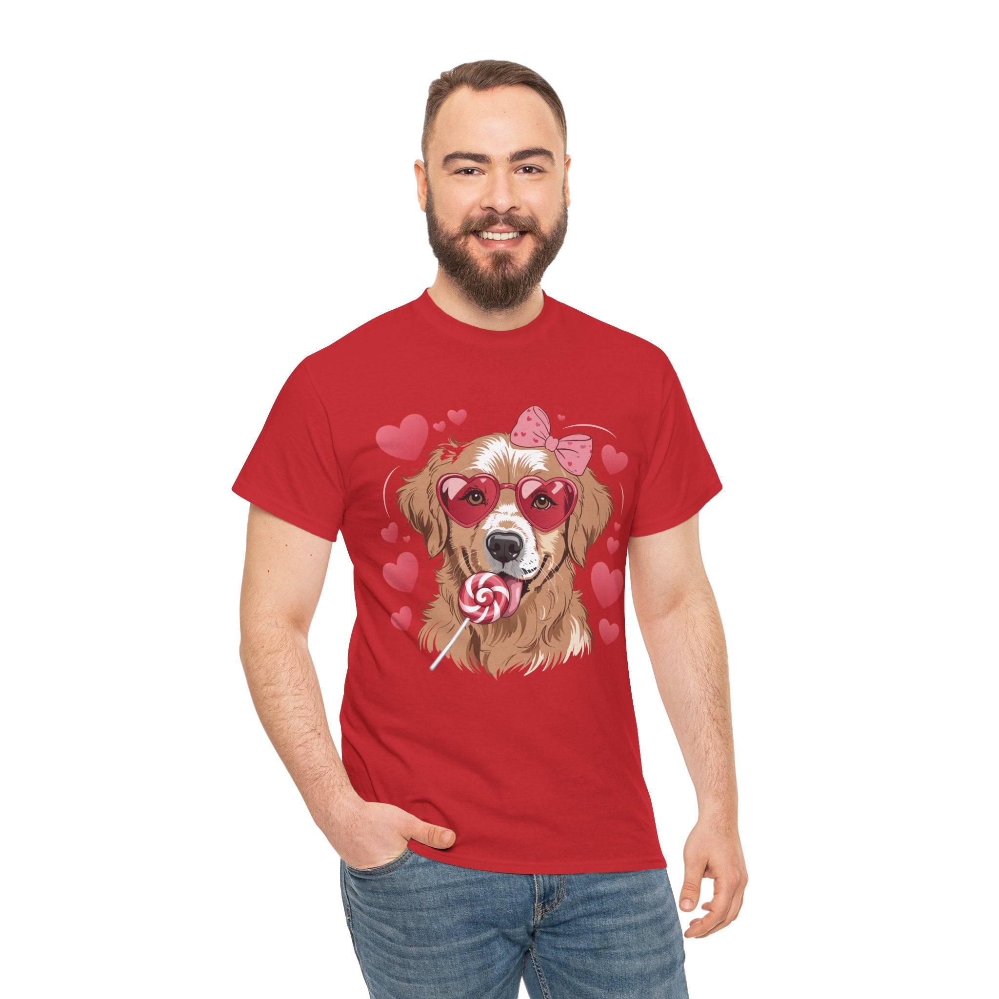 Valentine Dog T-Shirt — Cute Pup with Heart Glasses, Pink Bow & Lollipop..Unisex Cotton Tee
