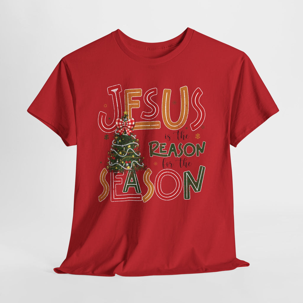Jesus Is the Reason for the Season Christmas T-Shirt — Plaid Bow Tree..Unisex Cotton Tee