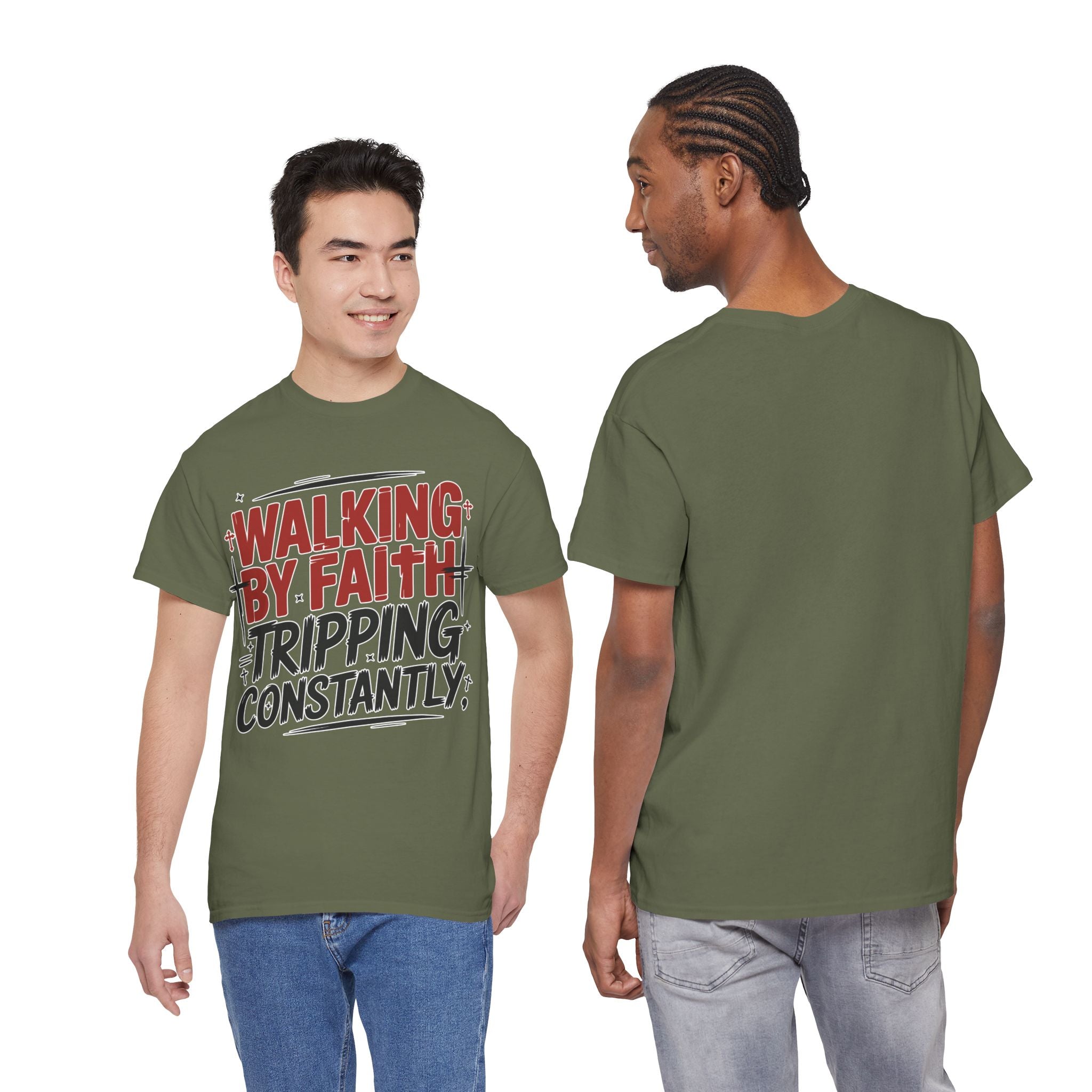 Walking by Faith, Tripping Constantly Unisex Cotton T-Shirt