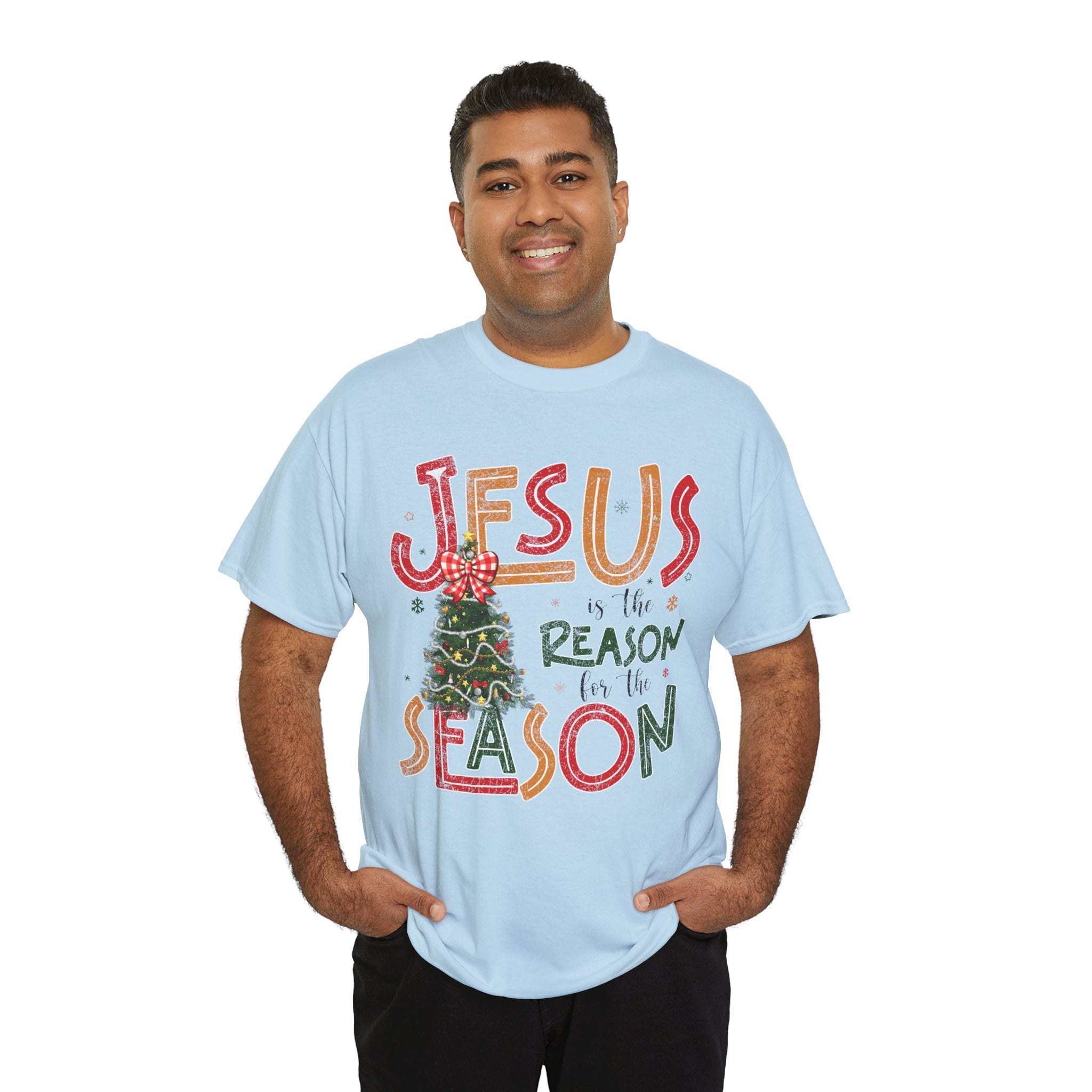 Jesus Is the Reason for the Season Christmas T-Shirt — Plaid Bow Tree..Unisex Cotton Tee