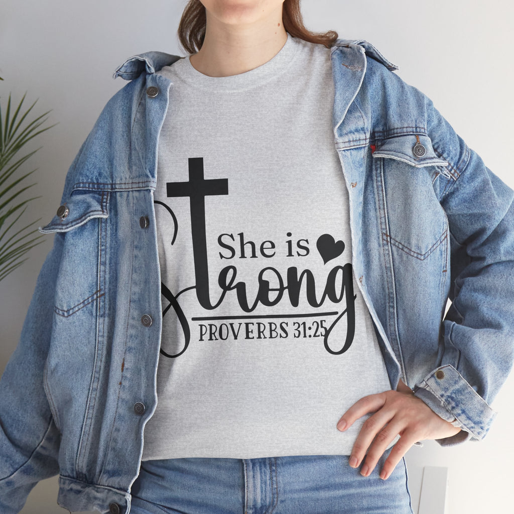 Proverbs 31:25 'She is Strong' T-Shirt – Christian Cross & Heart Unisex Cotton Tee