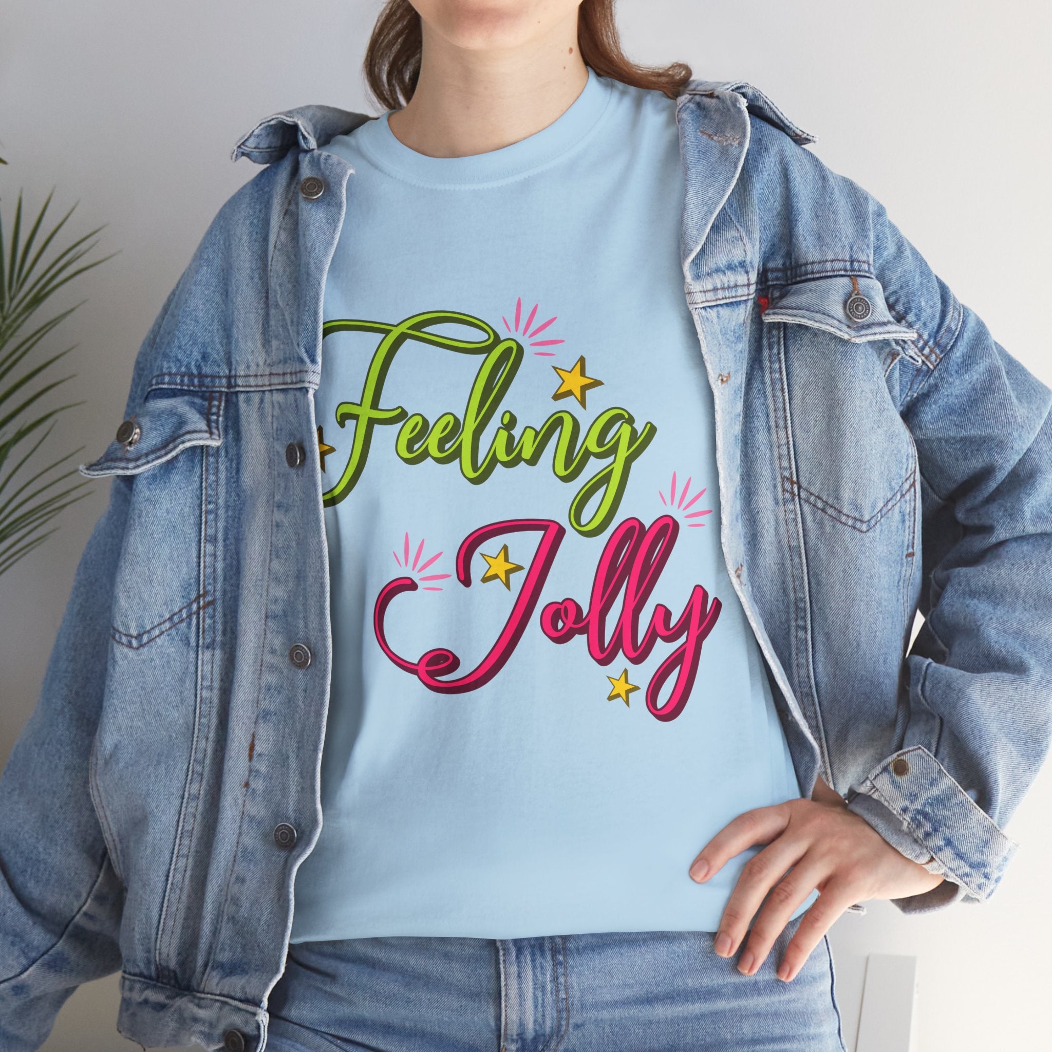 Feeling Jolly Tee — Festive Green & Pink Script with Yellow Stars Unisex Cotton Tee