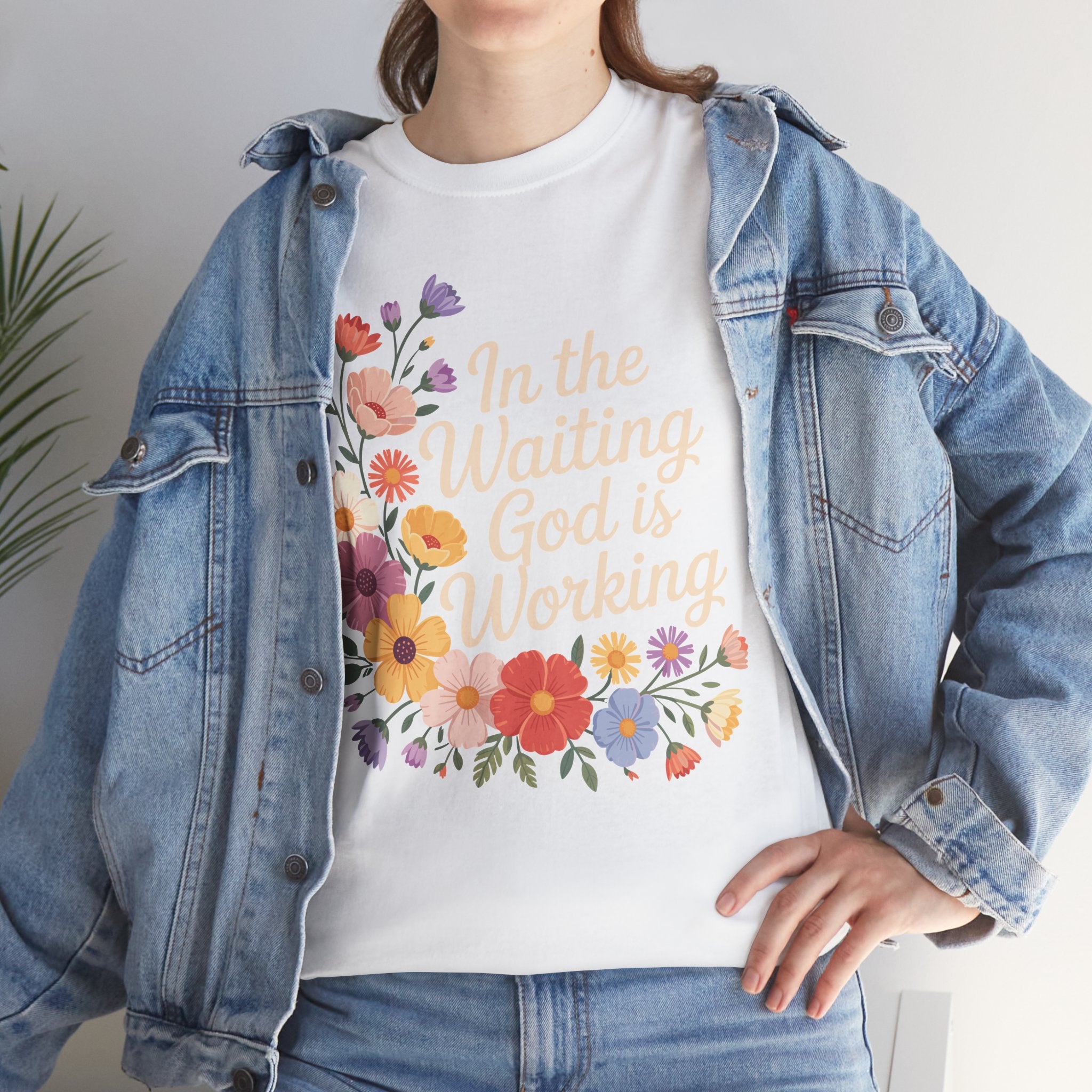 Pastel Floral “In the Waiting God Is Working” Unisex Cotton T-Shirt