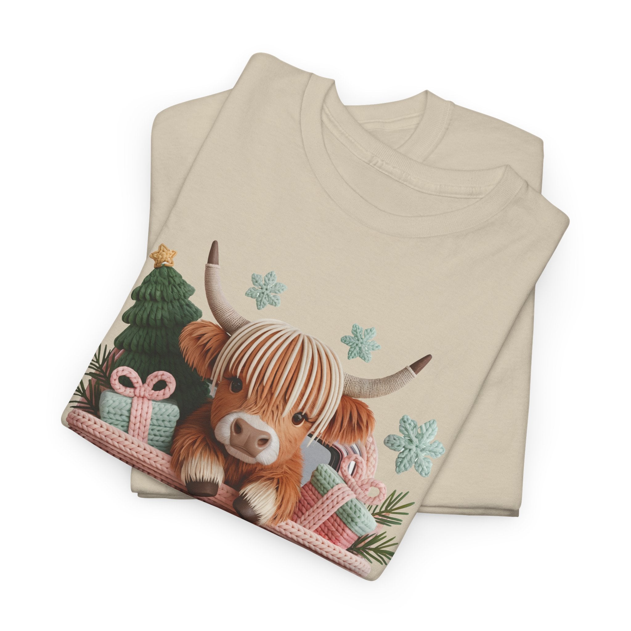 Merry Christmas Highland Cow Knit Truck Unisex Cotton T-Shirt