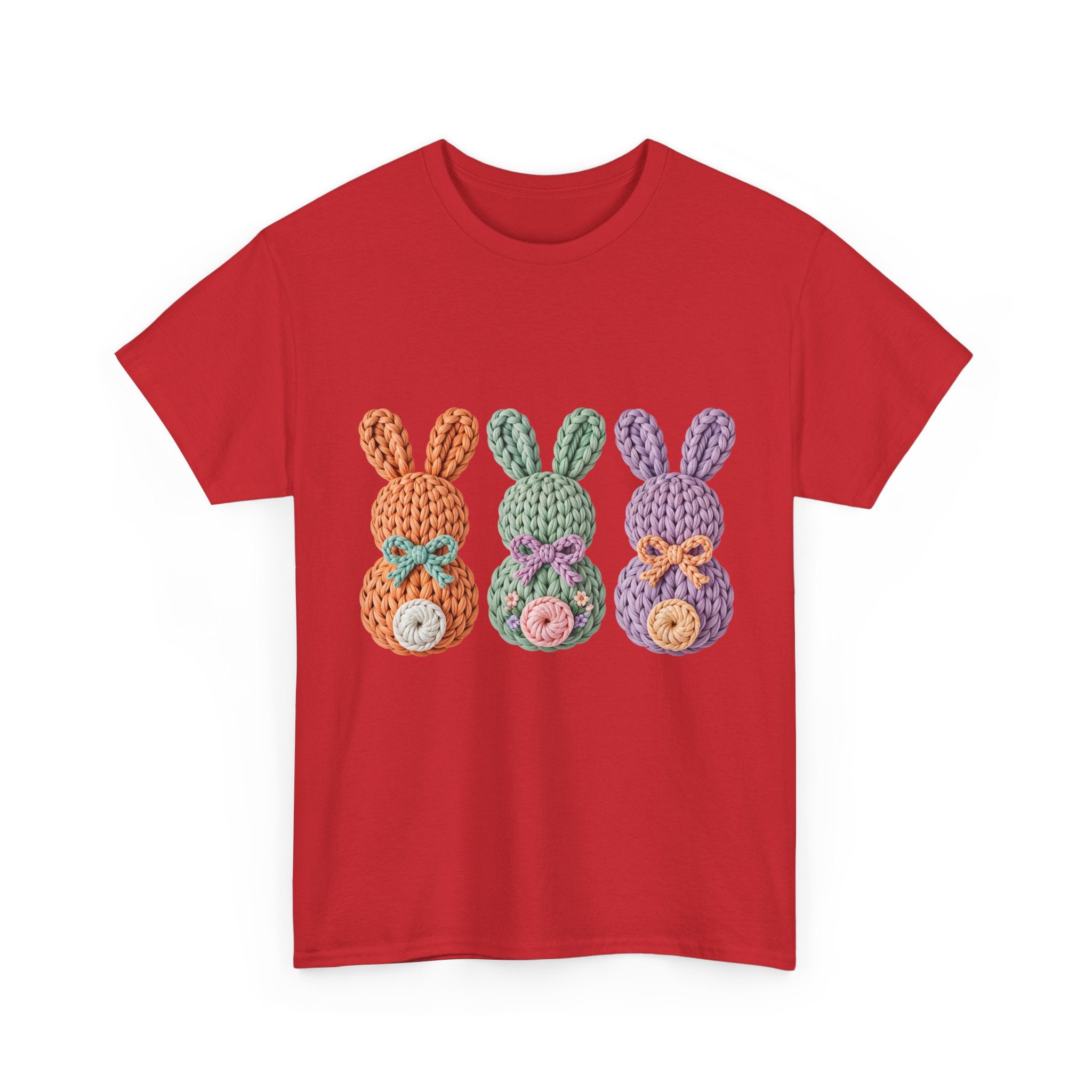 Pastel Crochet Bunny Tee — Trio of Faux Knit Bunnies with Bows & Flowers Unisex Cotton Tee