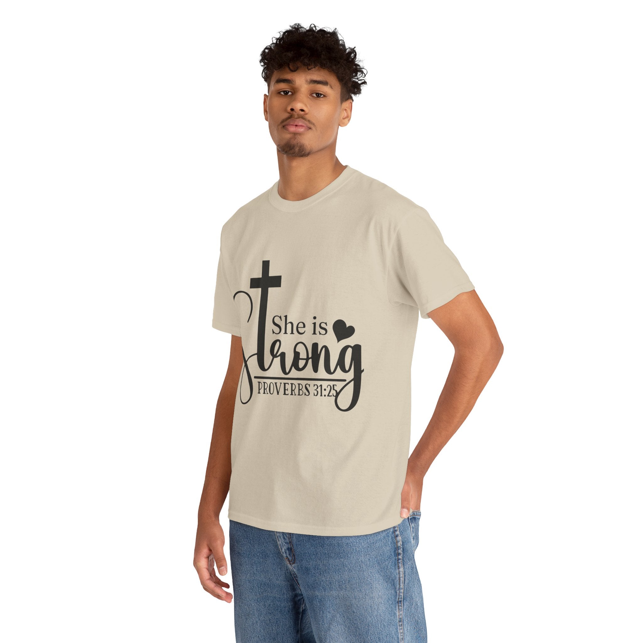 Proverbs 31:25 'She is Strong' T-Shirt – Christian Cross & Heart Unisex Cotton Tee