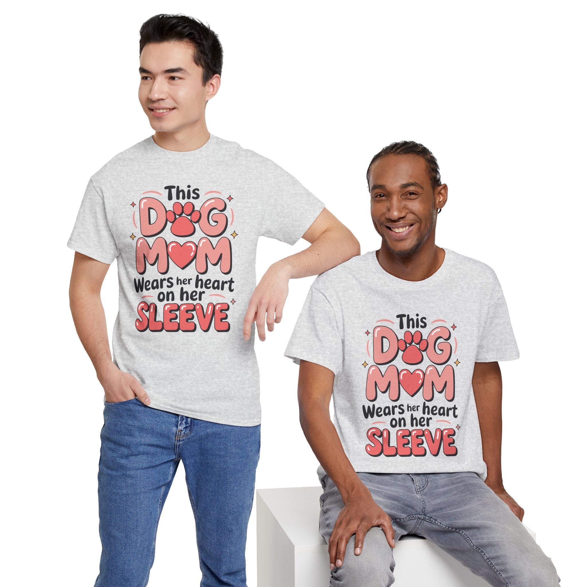 Dog Mom T-Shirt — "This Dog Mom Wears Her Heart on Her Sleeve" Paw & Heart Unisex Cotton Tee