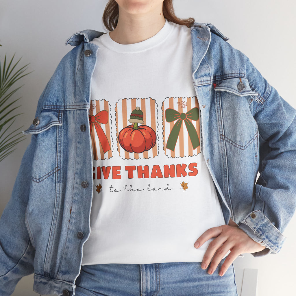 Give Thanks Thanksgiving T-Shirt — Pumpkin with Hat & Bows Unisex Cotton Tee