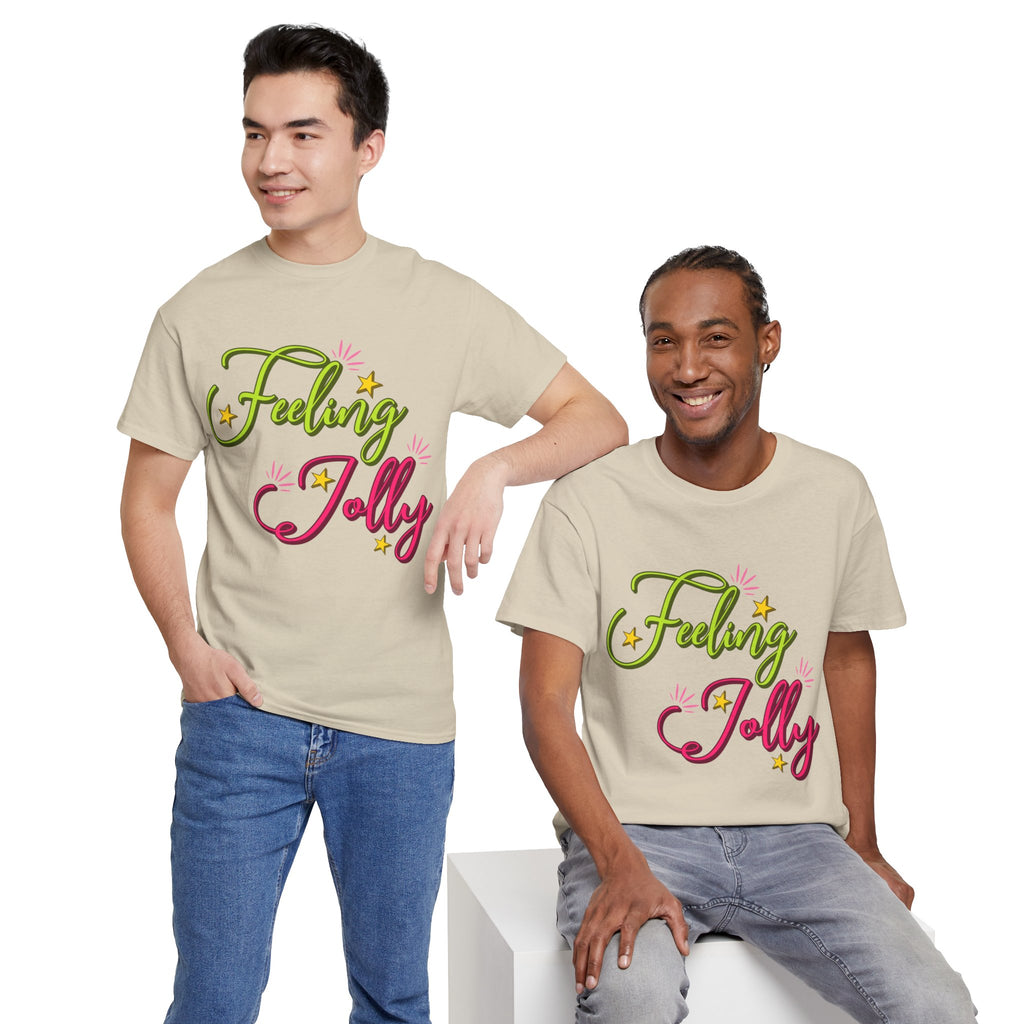 Feeling Jolly Tee — Festive Green & Pink Script with Yellow Stars Unisex Cotton Tee