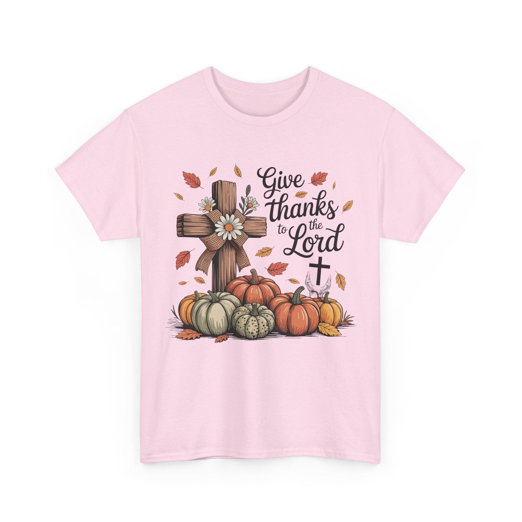 Give Thanks to the Lord Autumn Tee — Wooden Cross, Pumpkins & Daisies..Unisex Cotton Tee