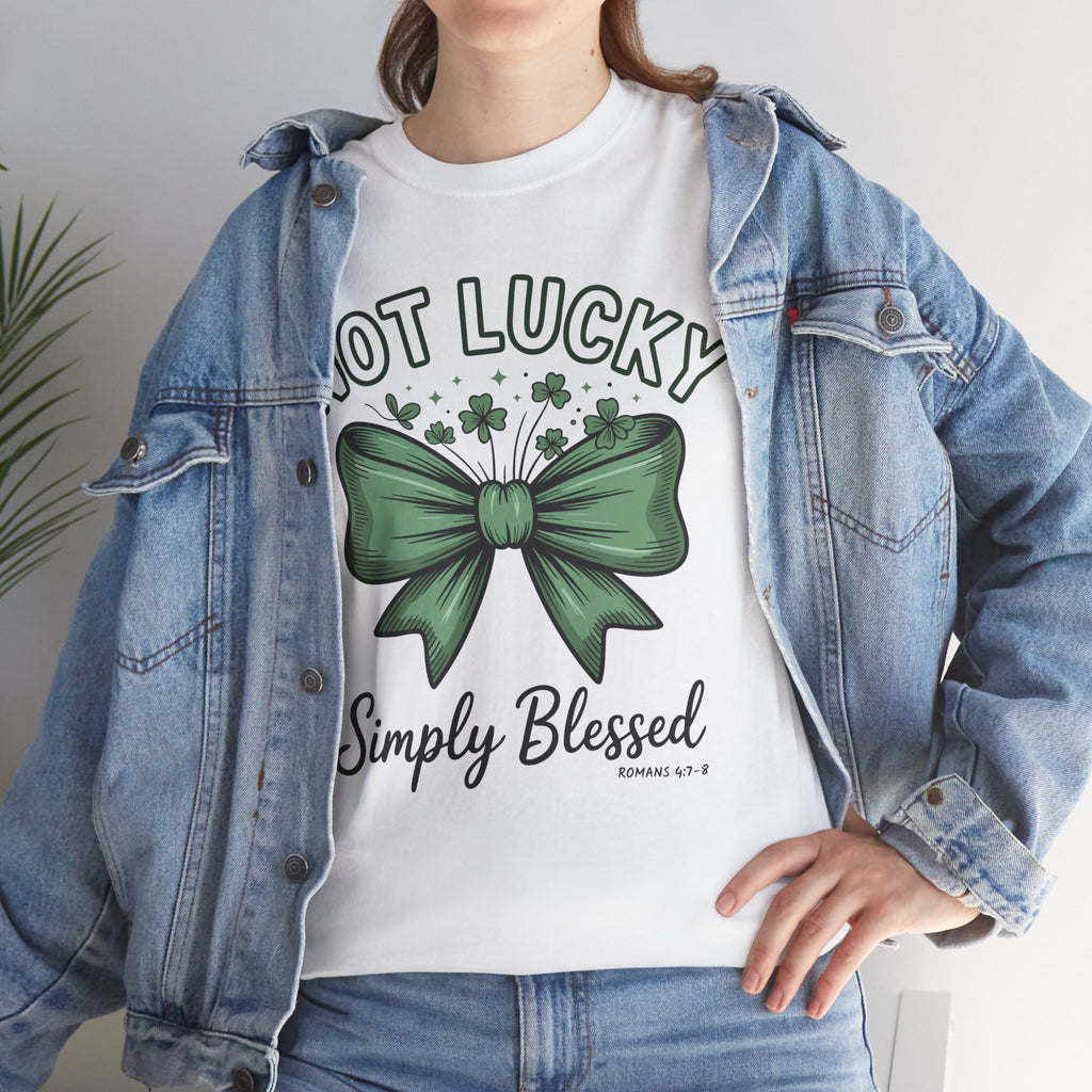 Not Lucky, Simply Blessed T-Shirt — Green Bow & Clovers St. Patrick’s Unisex Cotton Tee