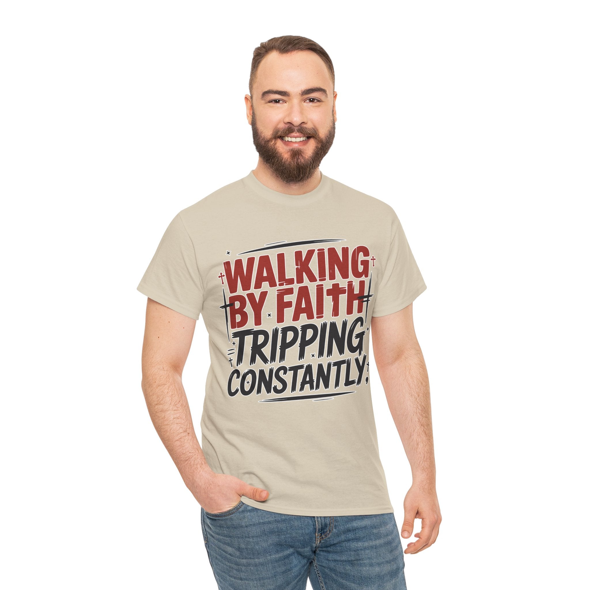 Walking by Faith, Tripping Constantly Unisex Cotton T-Shirt