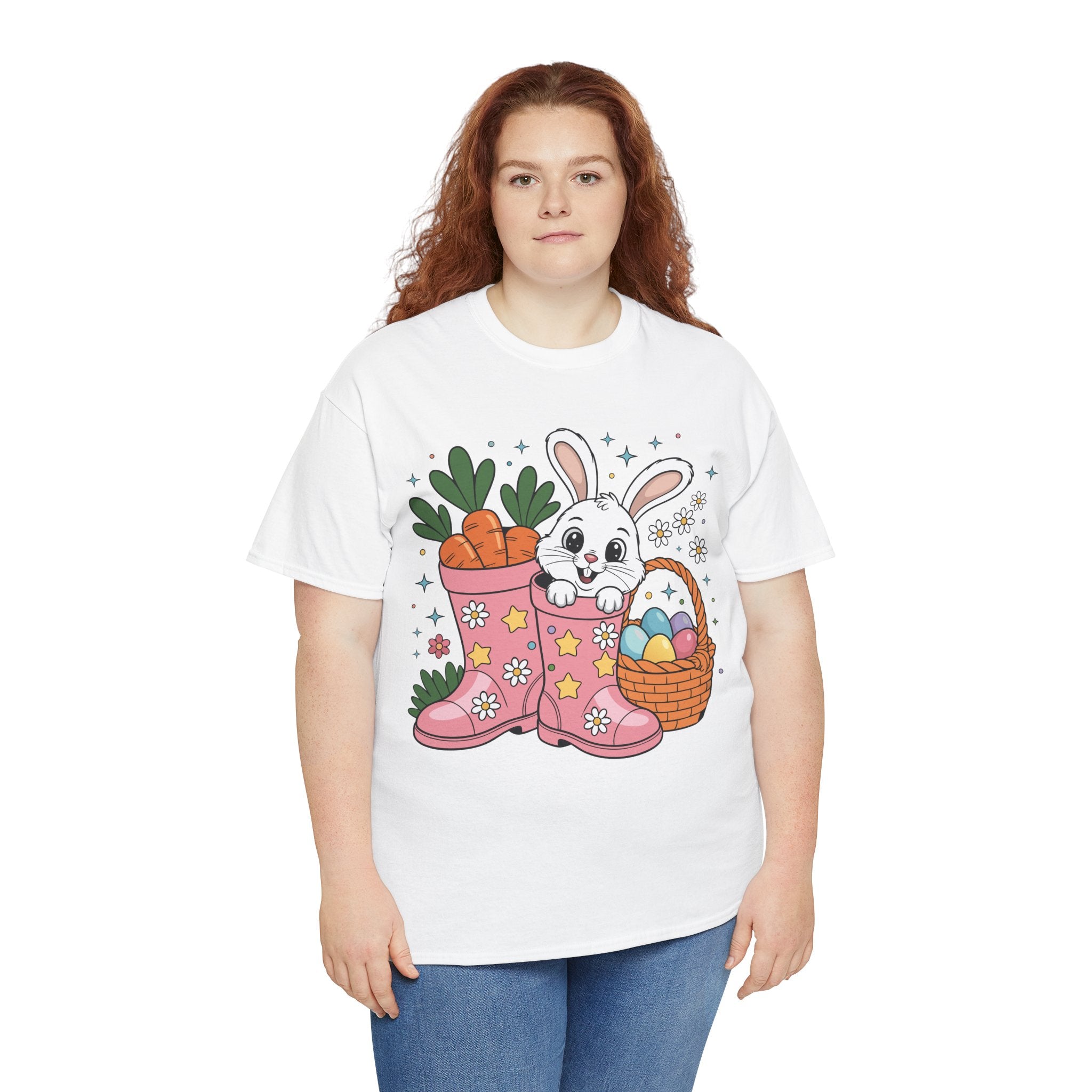 Easter Bunny in Pink Rain Boots T-Shirt — Cartoon Bunny, Carrots & Colorful Eggs Unisex Cotton Tee