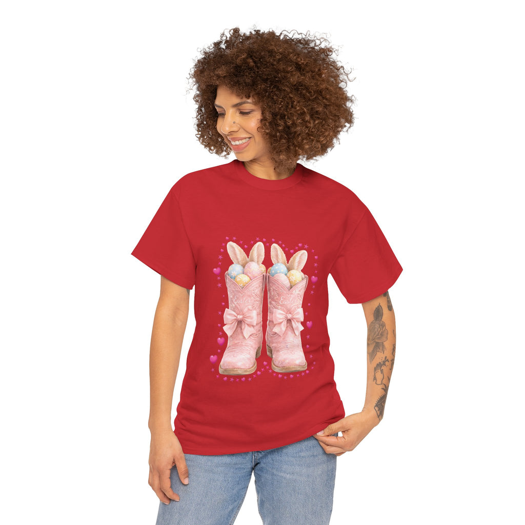 Easter Pink Western Boots Tee — Pastel Bunny Eggs & Bows Unisex Cotton Tee
