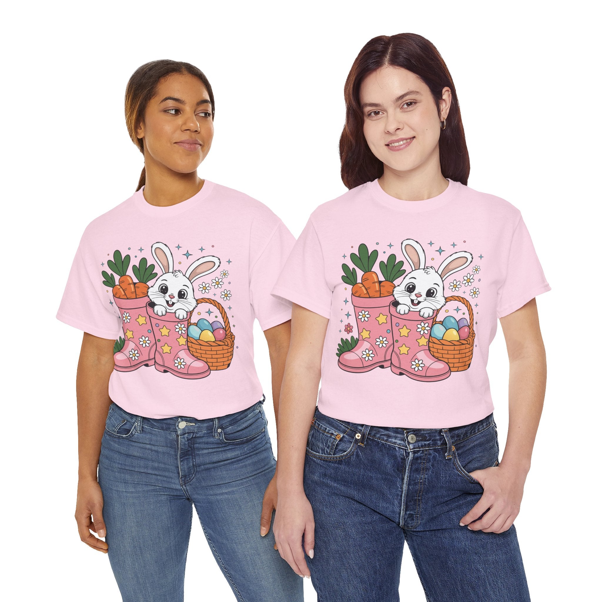 Easter Bunny in Pink Rain Boots T-Shirt — Cartoon Bunny, Carrots & Colorful Eggs Unisex Cotton Tee