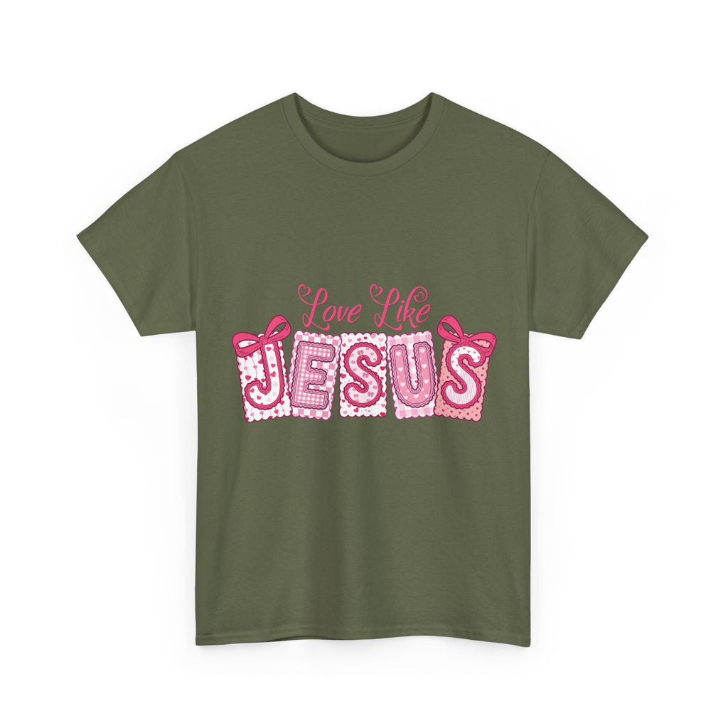 Love Like Jesus Patchwork Tee — Pink Stitched Heart Graphic.Unisex Cotton Tee
