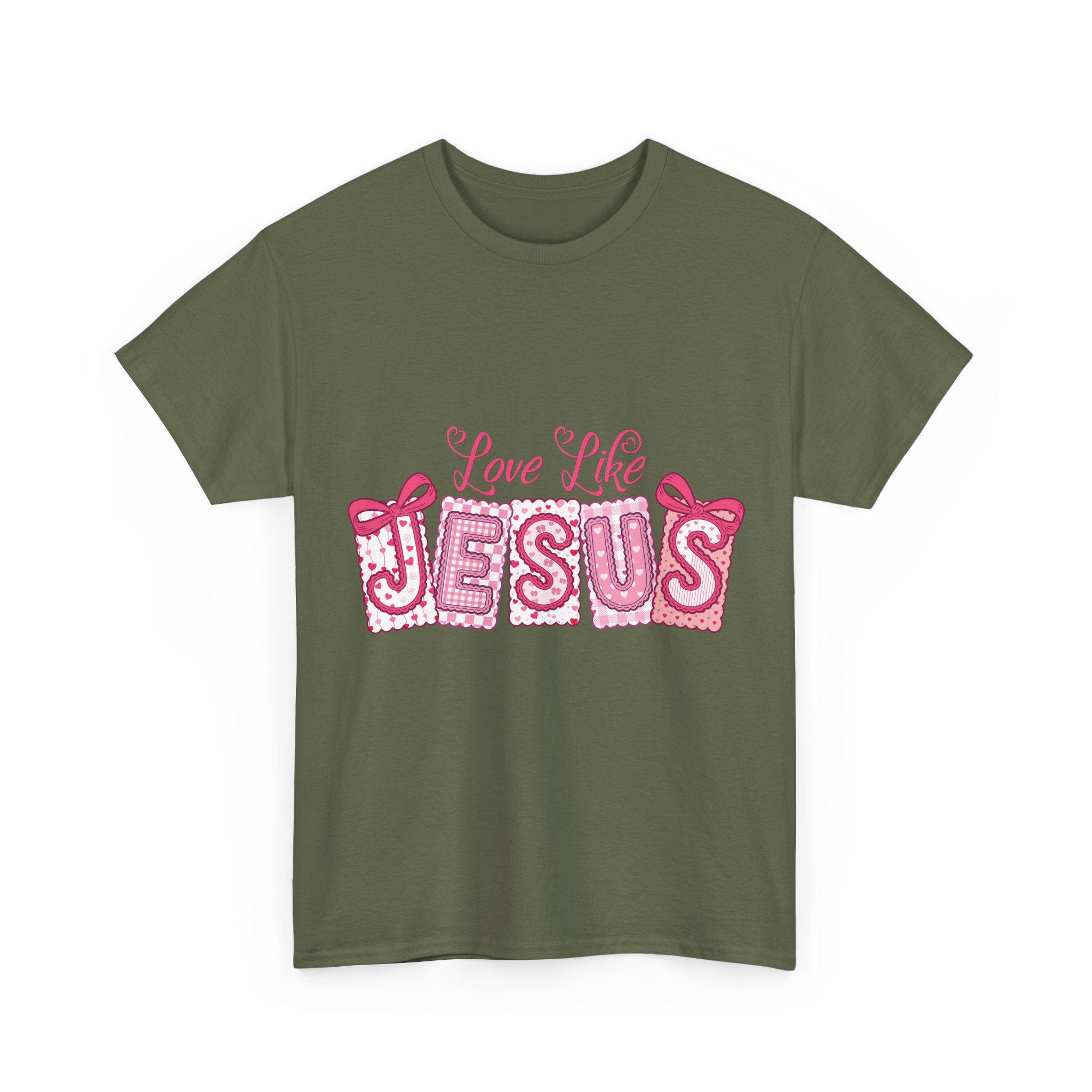 Love Like Jesus Patchwork Tee — Pink Stitched Heart Graphic.Unisex Cotton Tee