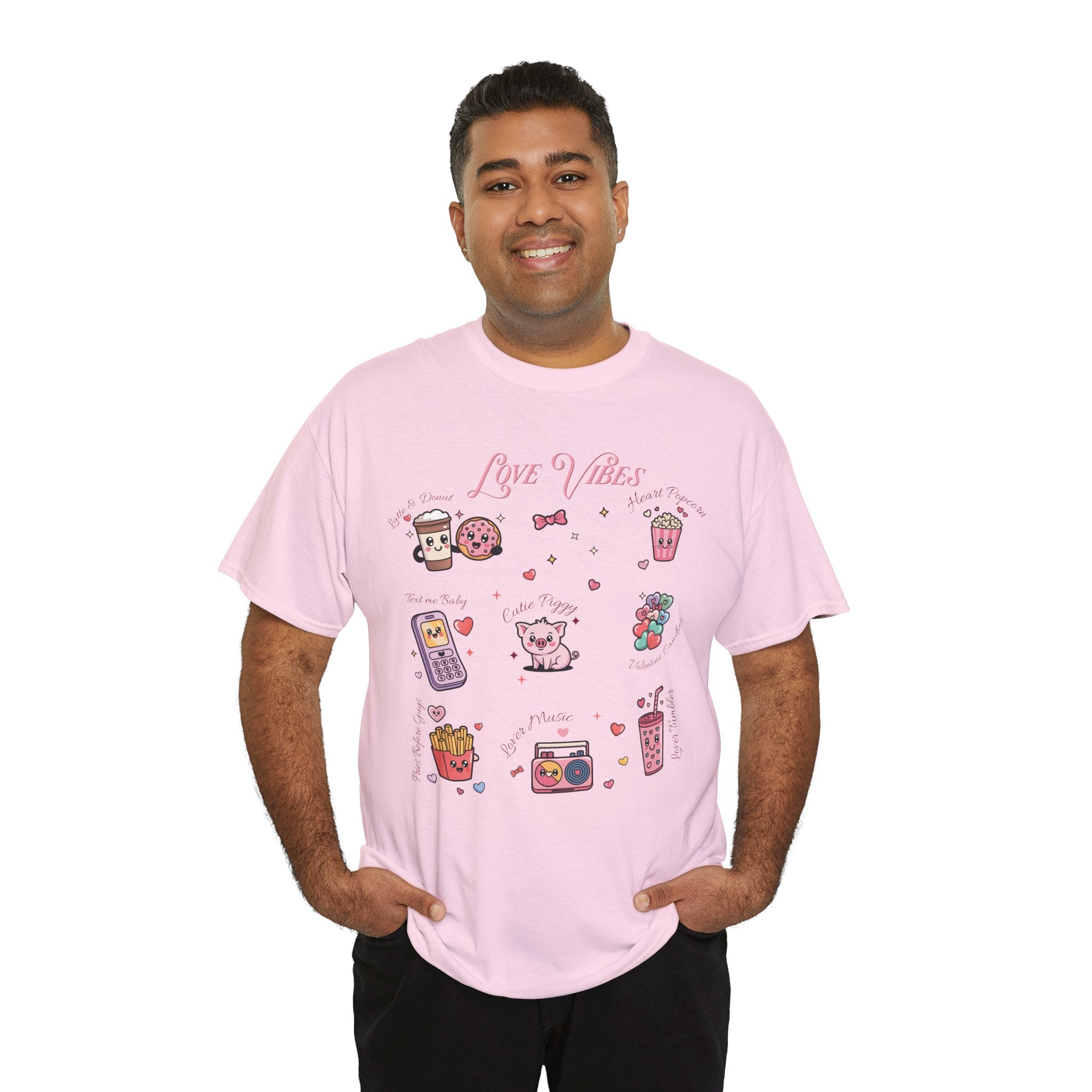 Love Vibes Kawaii Valentine T-Shirt — Cute Donut, Coffee & Piglet Design Unisex Cotton Tee