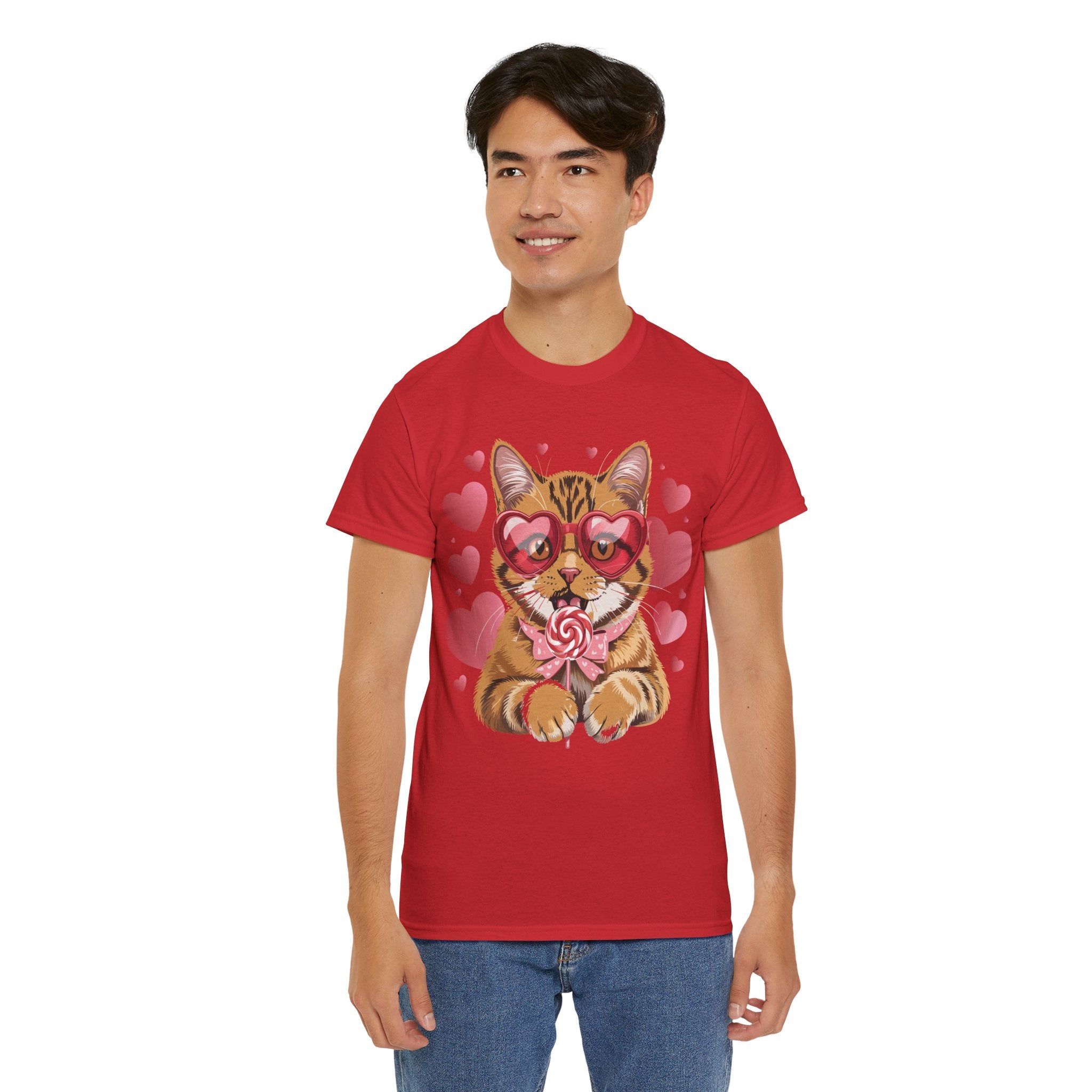 Valentine Cat Tee — Heart Glasses, Lollipop Bow Unisex Cotton Tee