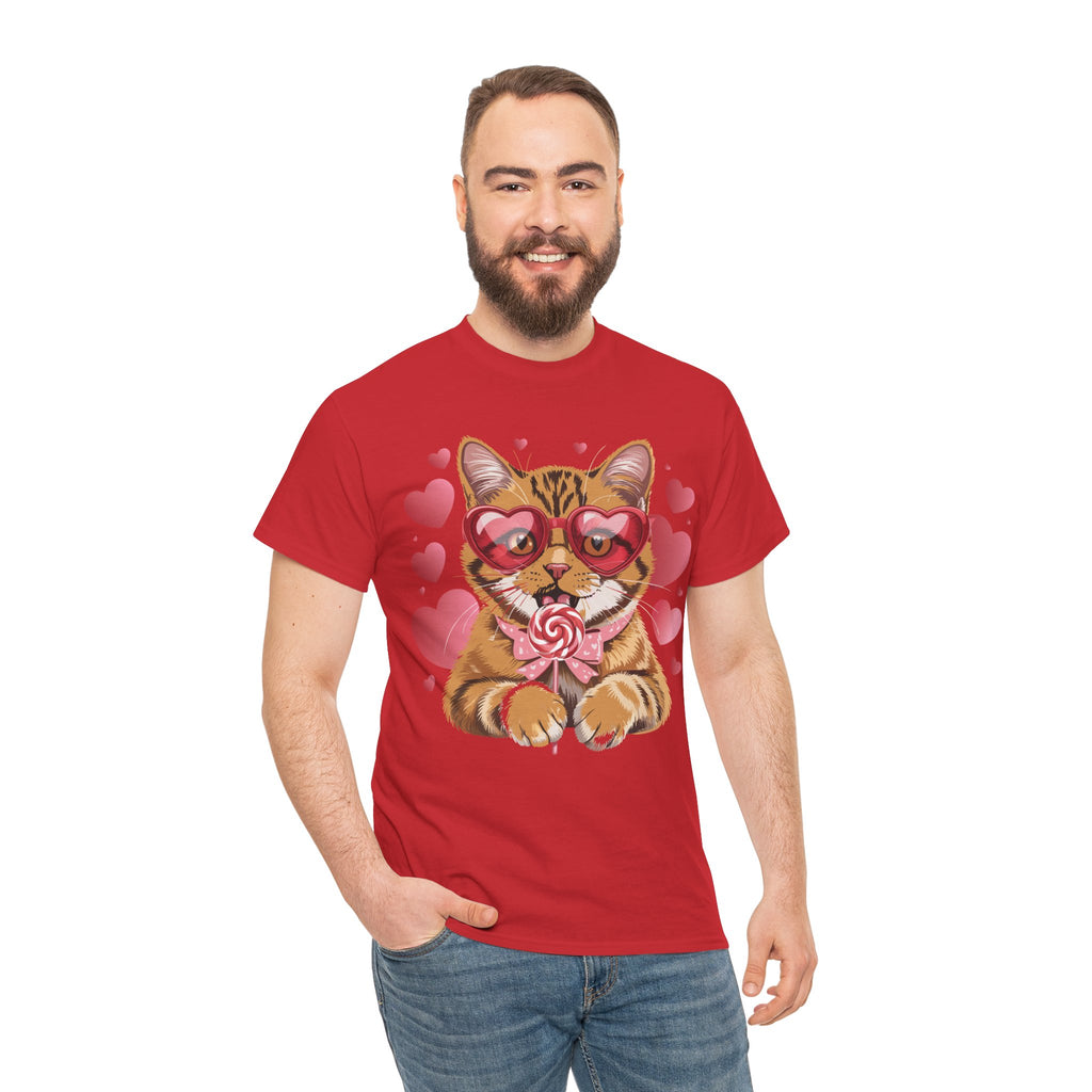 Valentine Cat Tee — Heart Glasses, Lollipop Bow Unisex Cotton Tee