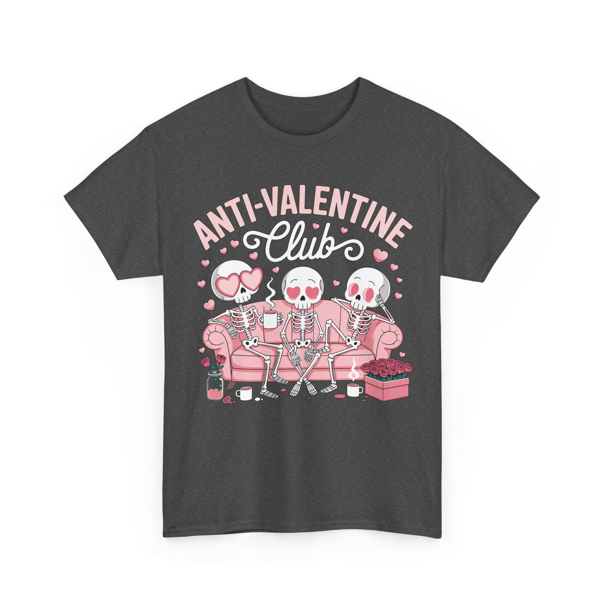 Anti-Valentine Club Skeleton Tee — Anti-Romance Pink Couch Graphic Unisex Cotton T-Shirt