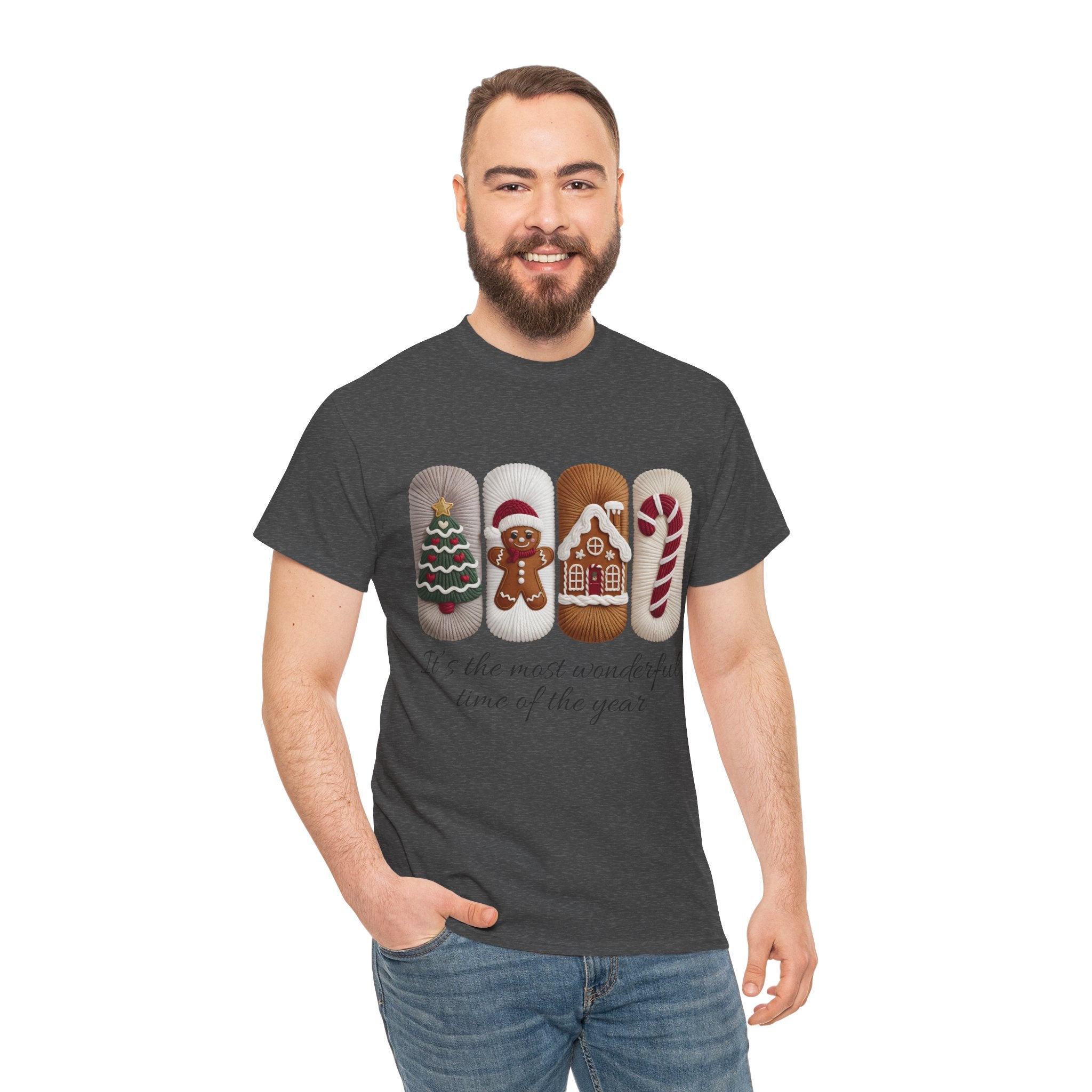 Christmas Faux-Yarn Tree Tee — Gingerbread House & Candy Cane Holiday Unisex Cotton T-Shirt