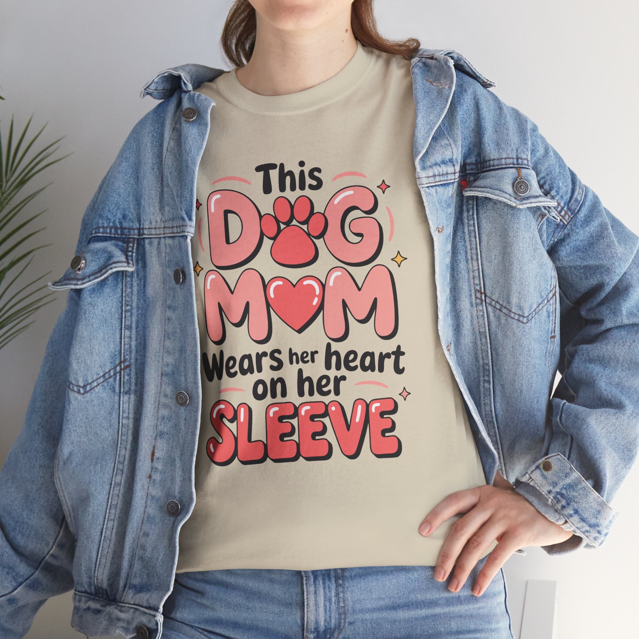 Dog Mom T-Shirt — "This Dog Mom Wears Her Heart on Her Sleeve" Paw & Heart Unisex Cotton Tee