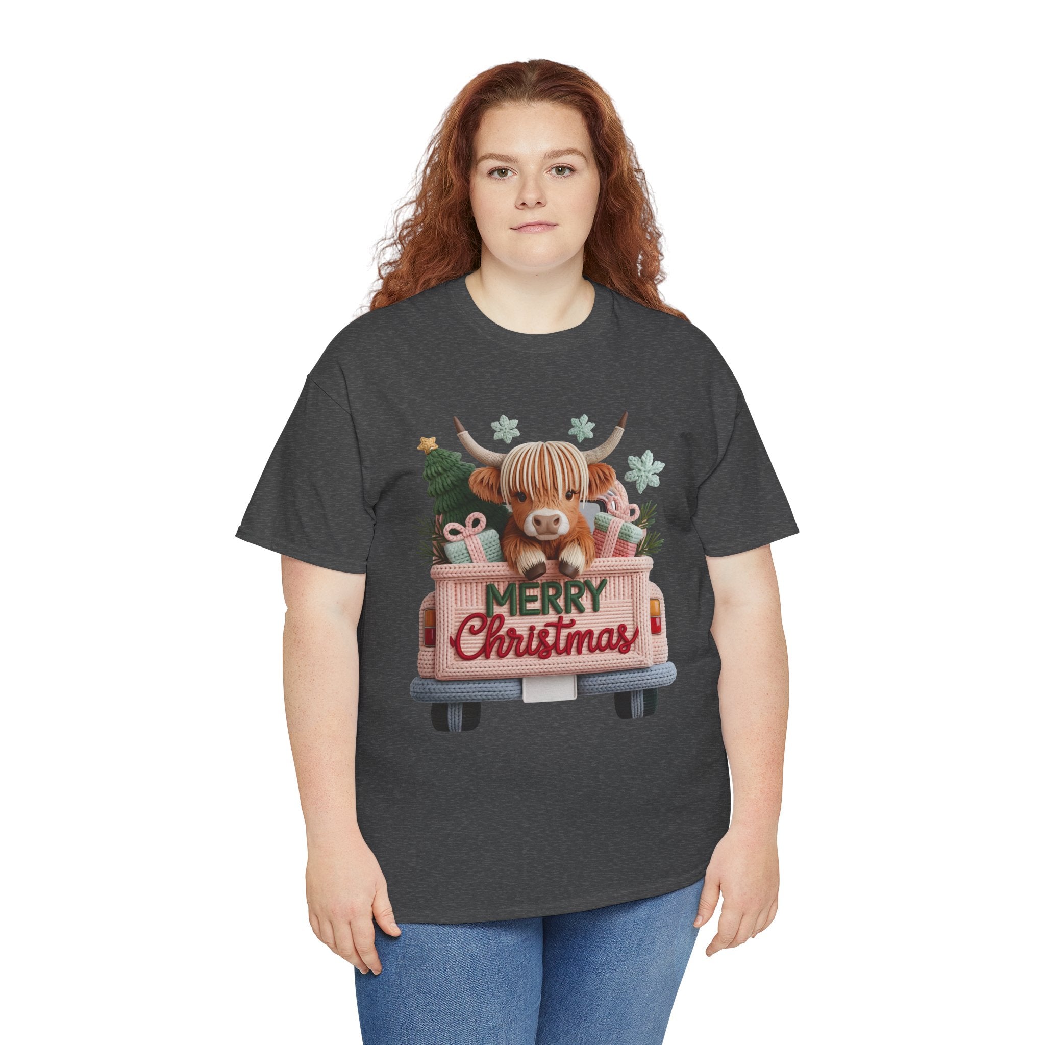 Merry Christmas Highland Cow Knit Truck Unisex Cotton T-Shirt