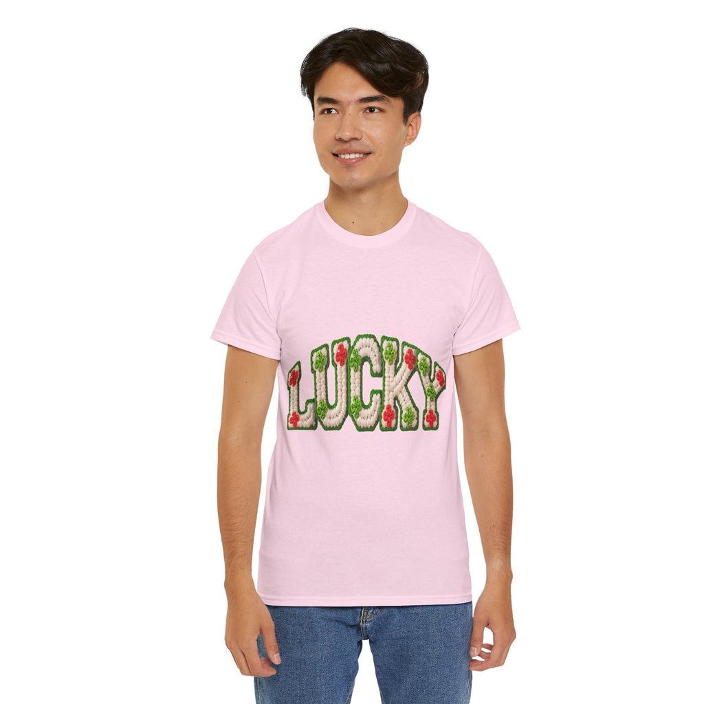 Lucky Crochet Clover T-Shirt — Faux-Yarn Embroidered St. Patrick’s Unisex Cotton Tee