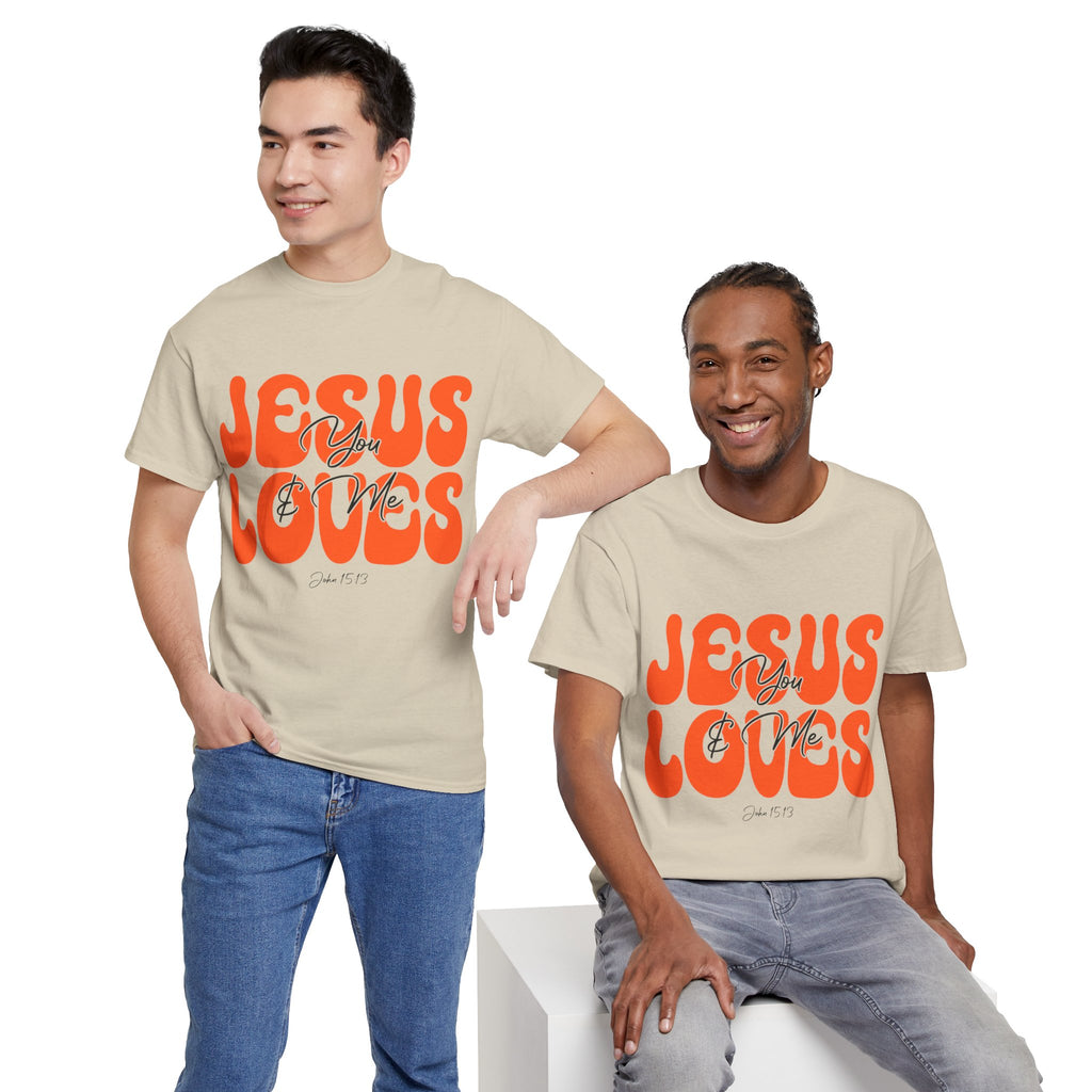 Jesus Loves You & Me Retro Tee — Playful Orange Bubbly Christian Unisex Cotton T-Shirt