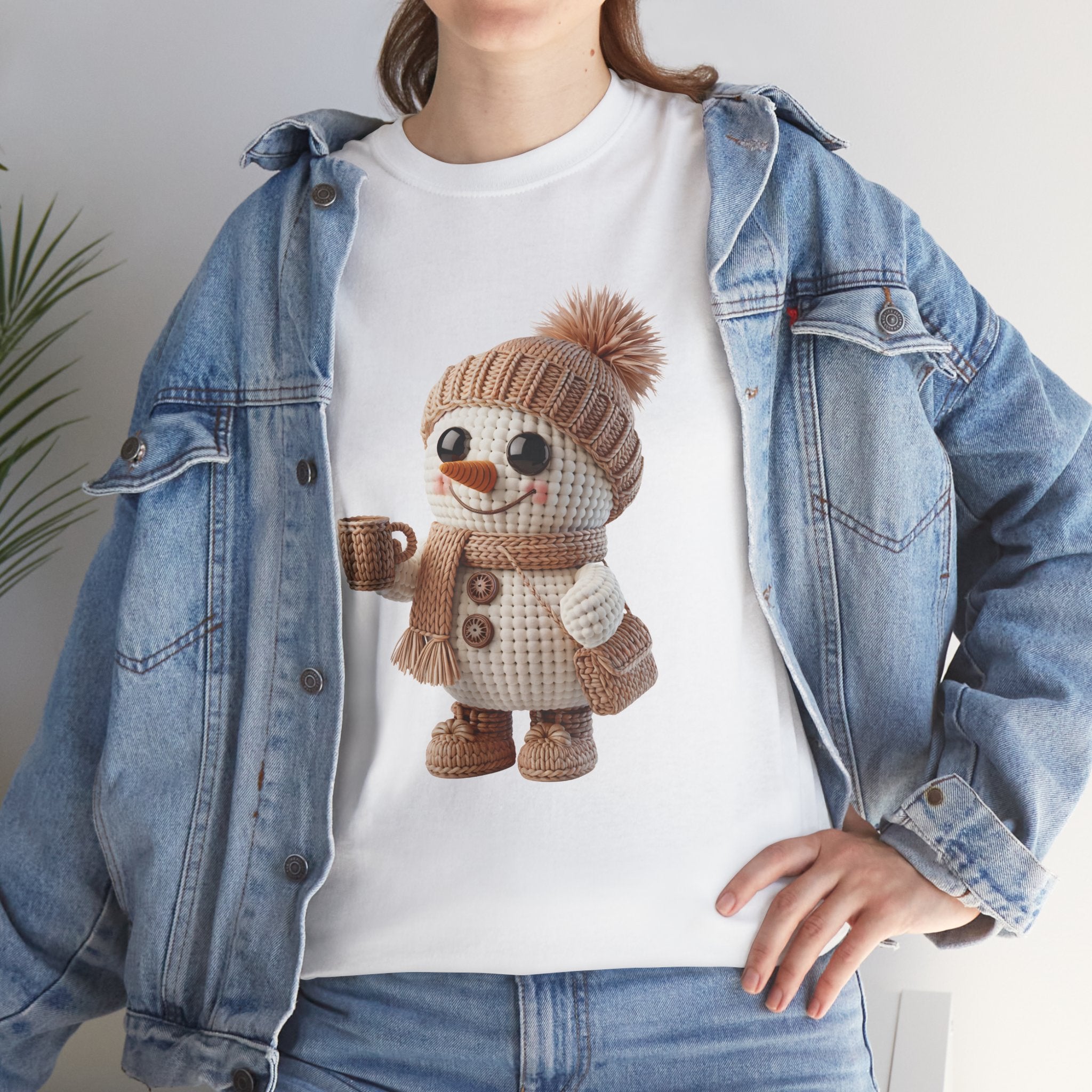 Cozy Snowman Tee — Smiling Snowman with Mug, Scarf & Beanie. Unisex Cotton Tee