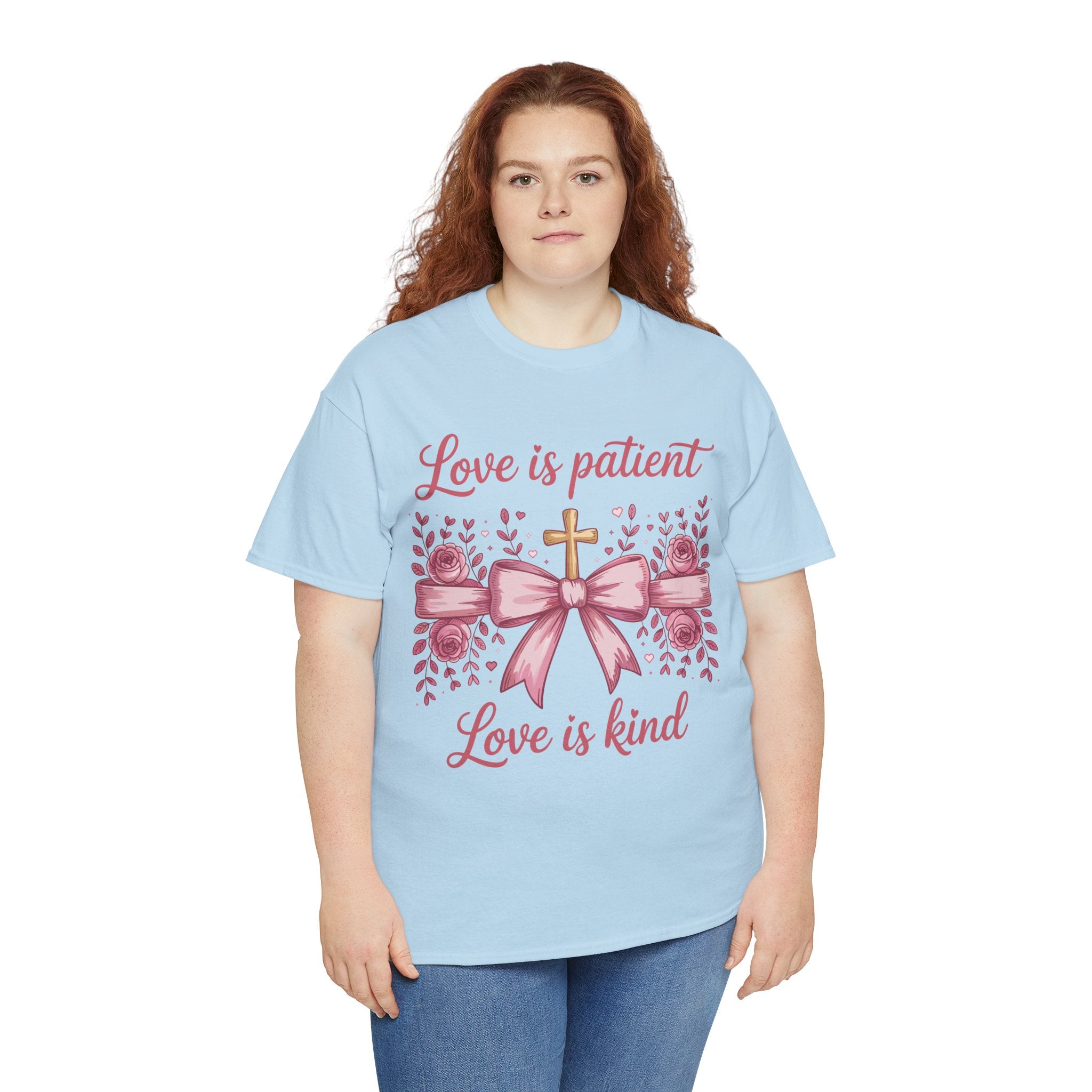 Christian Floral Tee — "Love is Patient, Love is Kind" Pink Rose Cross. Unisex Cotton Tee