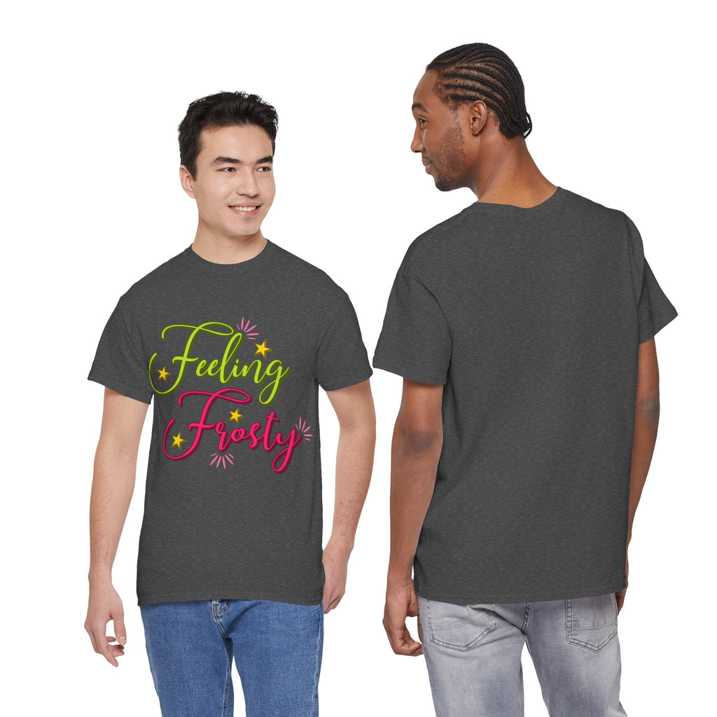 Feeling Frosty Holiday T-Shirt — Green & Pink Script Stars.Unisex Cotton Tee