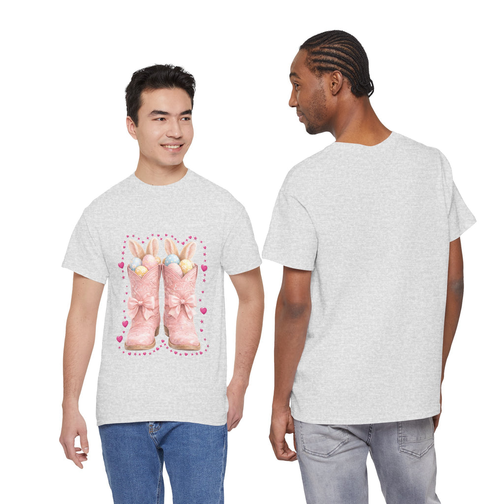 Easter Pink Western Boots Tee — Pastel Bunny Eggs & Bows Unisex Cotton Tee