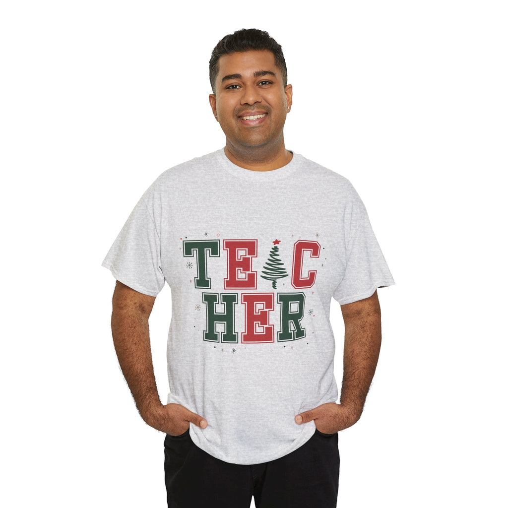 Teacher Christmas Varsity T-Shirt — Red & Green Holiday Unisex Cotton Tee
